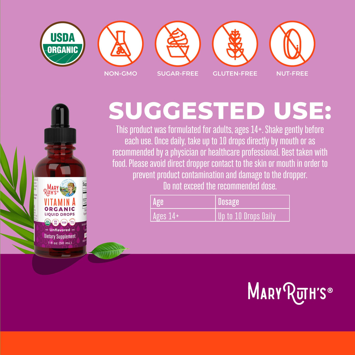 Vitamin A Organic Liquid Drops (Unflavored) 1 oz Suggested Use