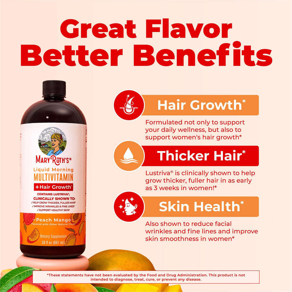 Liquid Morning Multivitamin + Hair Growth Peach Mango 30oz Great Flavor Better Benefits