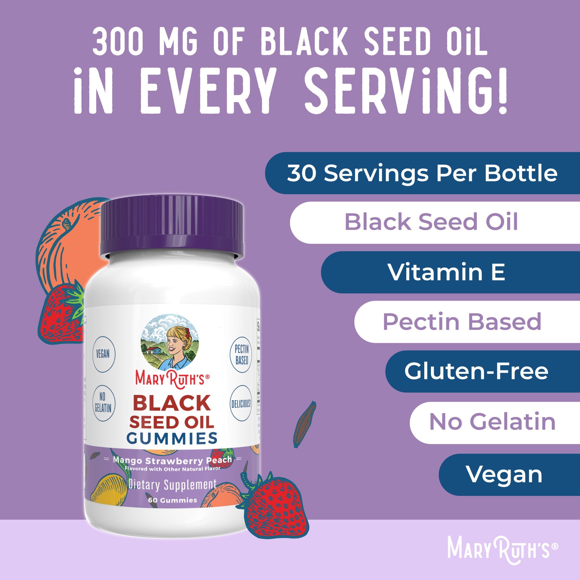 Black Seed Oil Gummies 60CT Mango Strawberry Peach Ingredients