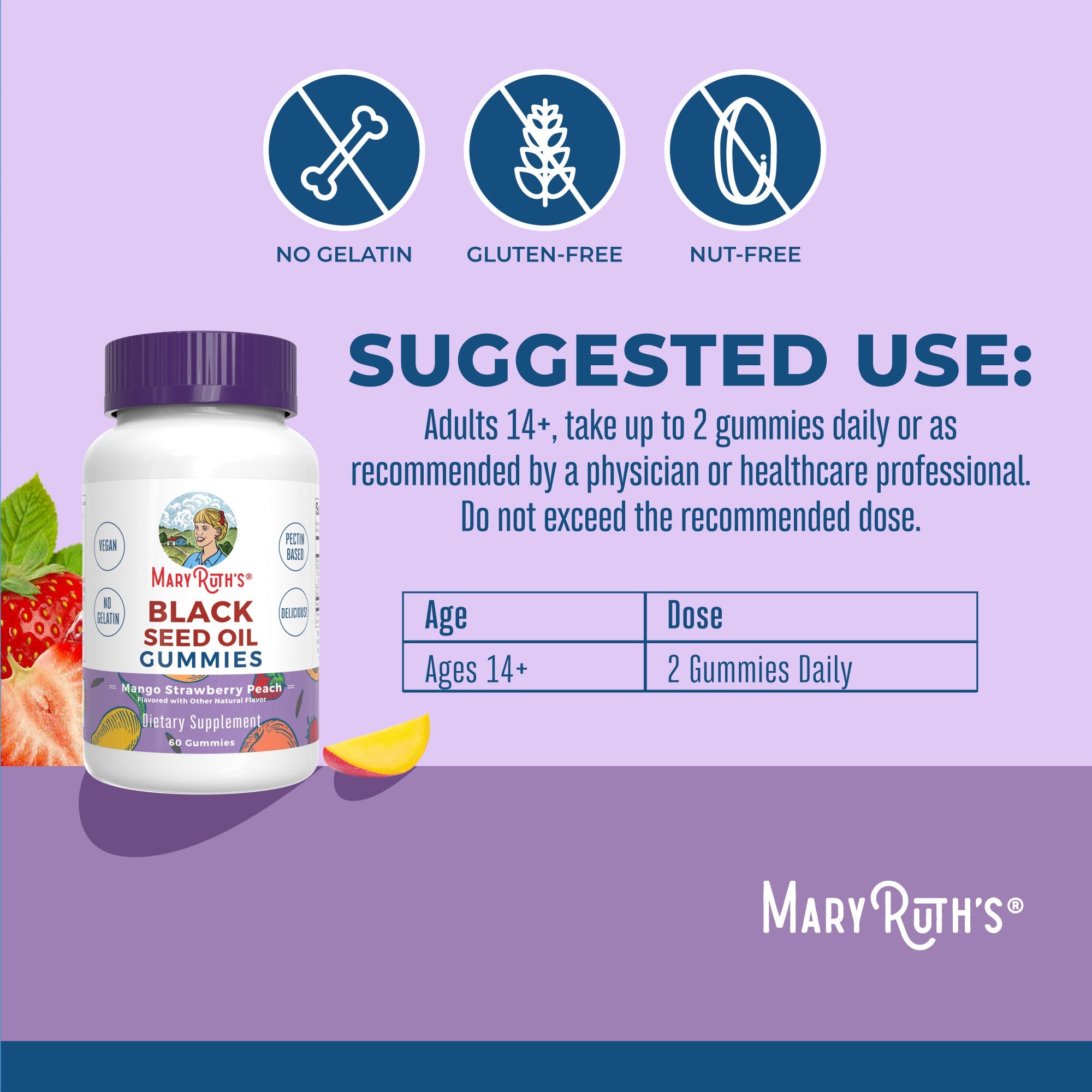 Black Seed Oil Gummies 60CT Mango Strawberry Peach Suggested Use