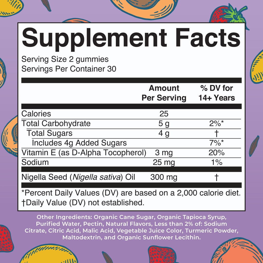 Black Seed Oil Gummies 60CT Mango Strawberry Peach Supplement Facts