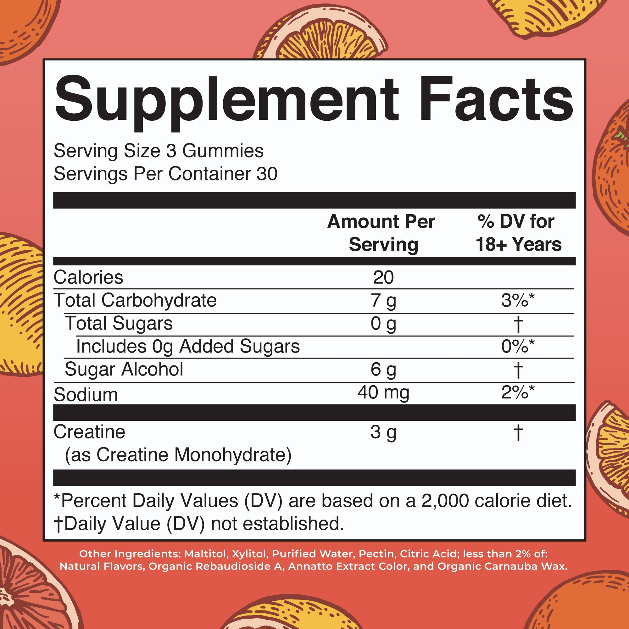 Creatine Gummies 90CT Tangerine Citrus Supplement Facts