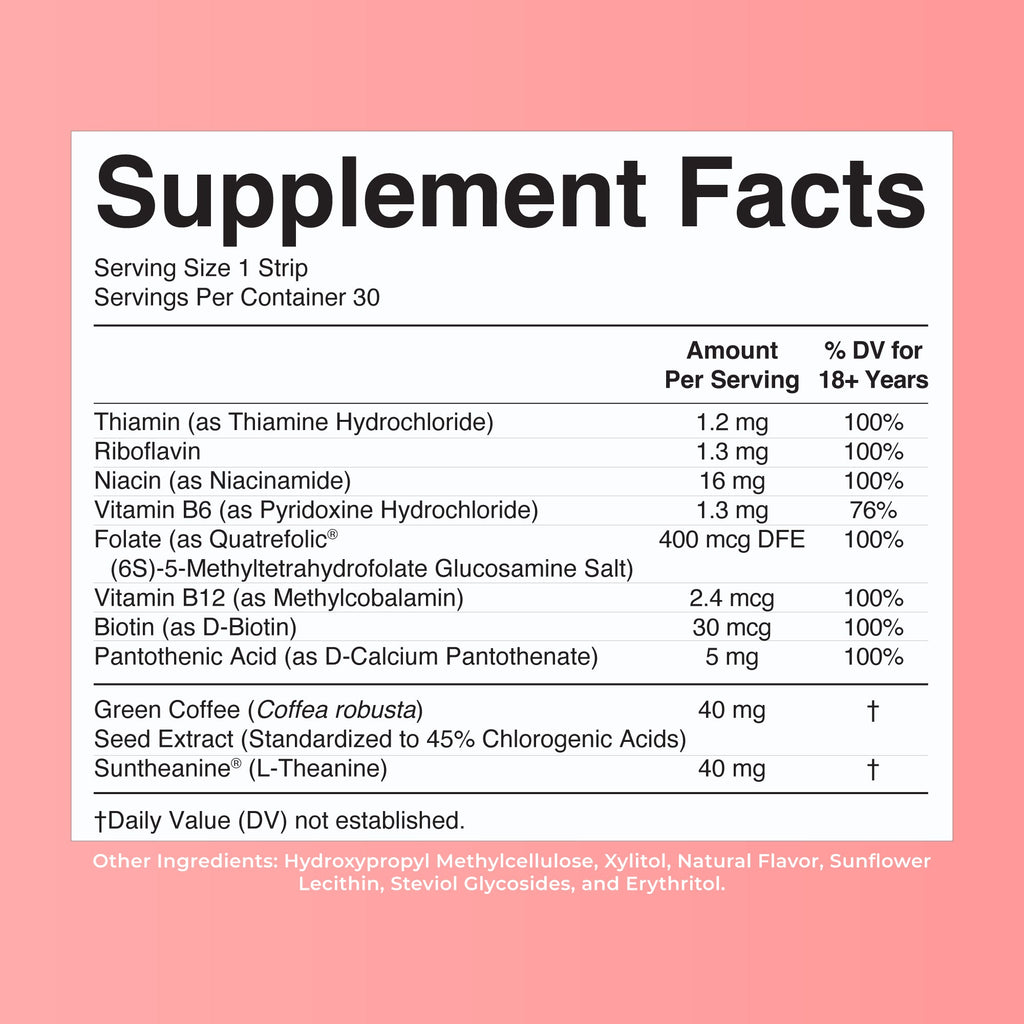 Energy Dissolving Strips 30 Strips Strawberry Supplement Facts