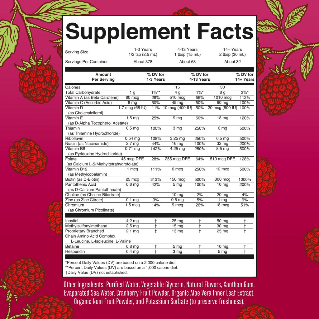 Liquid Morning Multivitamin 32oz Bottle Raspberry Supplement Facts
