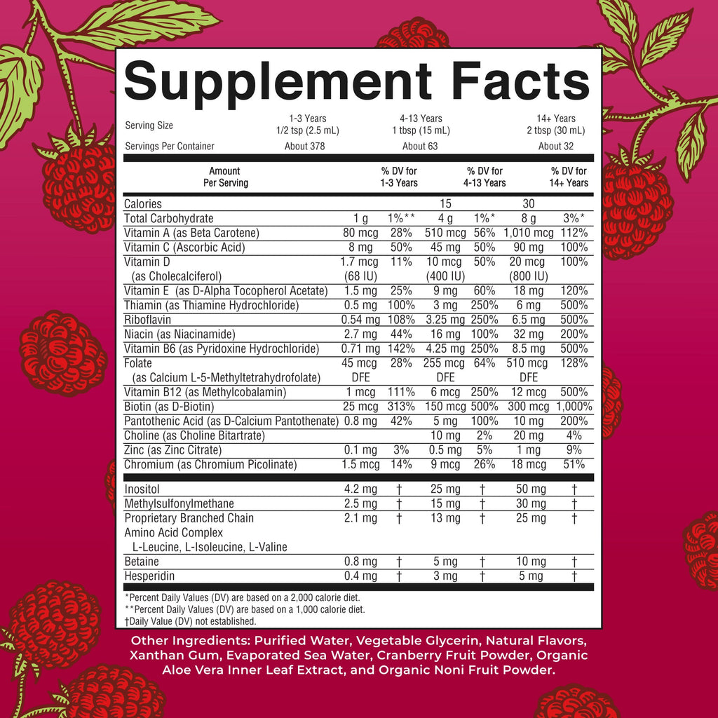 Liquid Morning Multivitamin Raspberry 32oz Supplement Facts