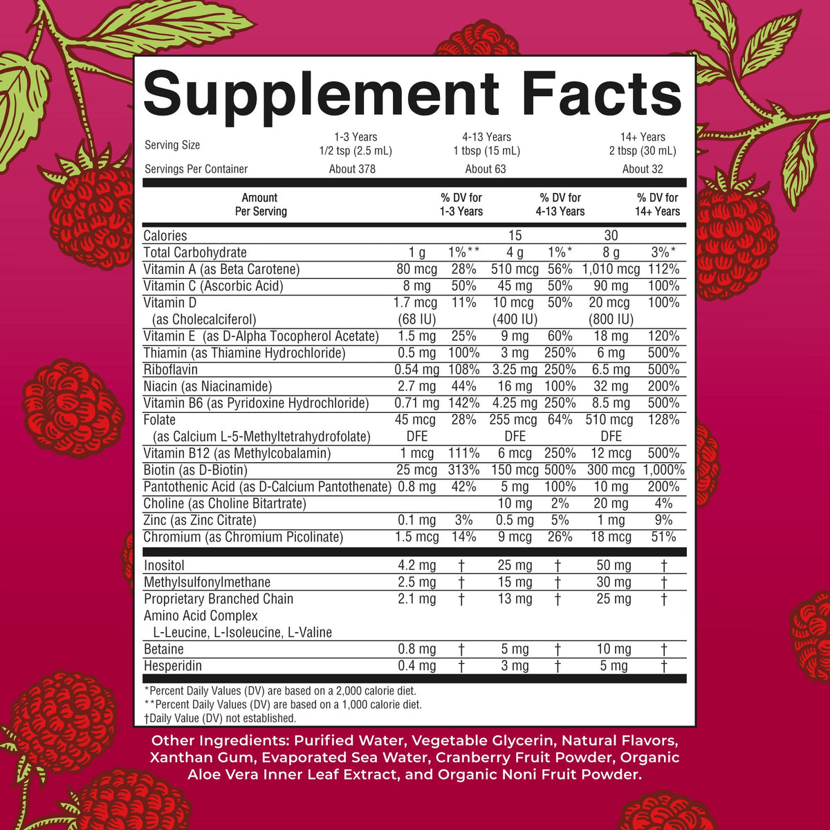 Liquid Morning Multivitamin Raspberry 32oz Supplement Facts