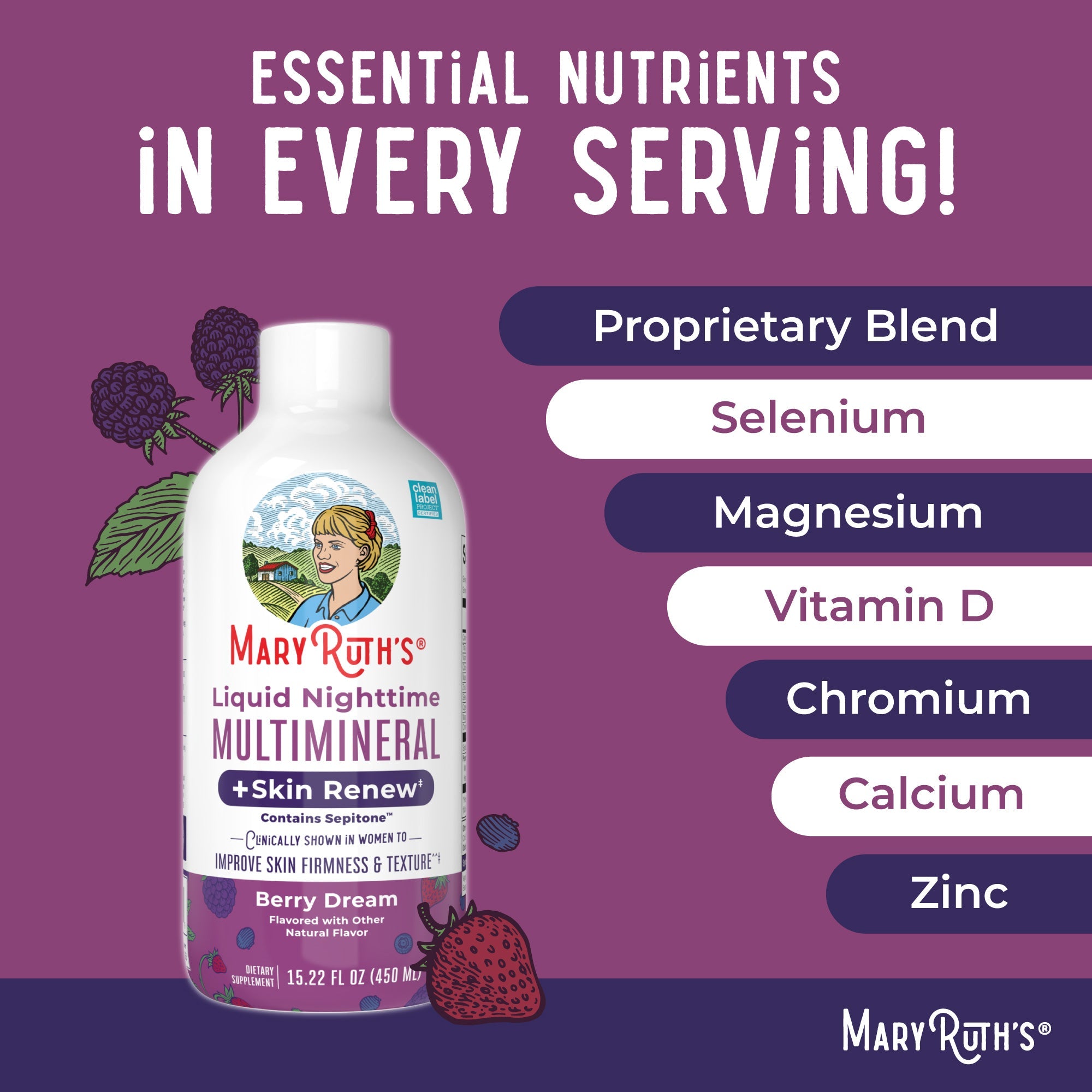 Liquid Nighttime Multimineral + Skin Renew 15oz Berry Dream Ingredients