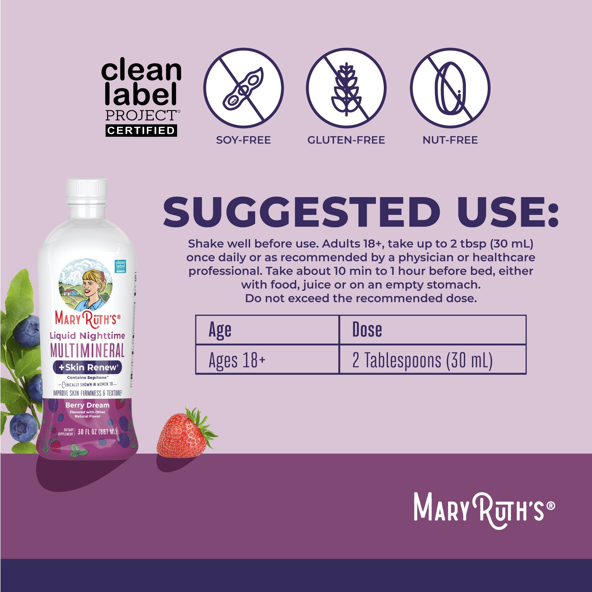 Liquid Nighttime Multimineral + Skin Renew 30oz Berry Dream Suggested Use