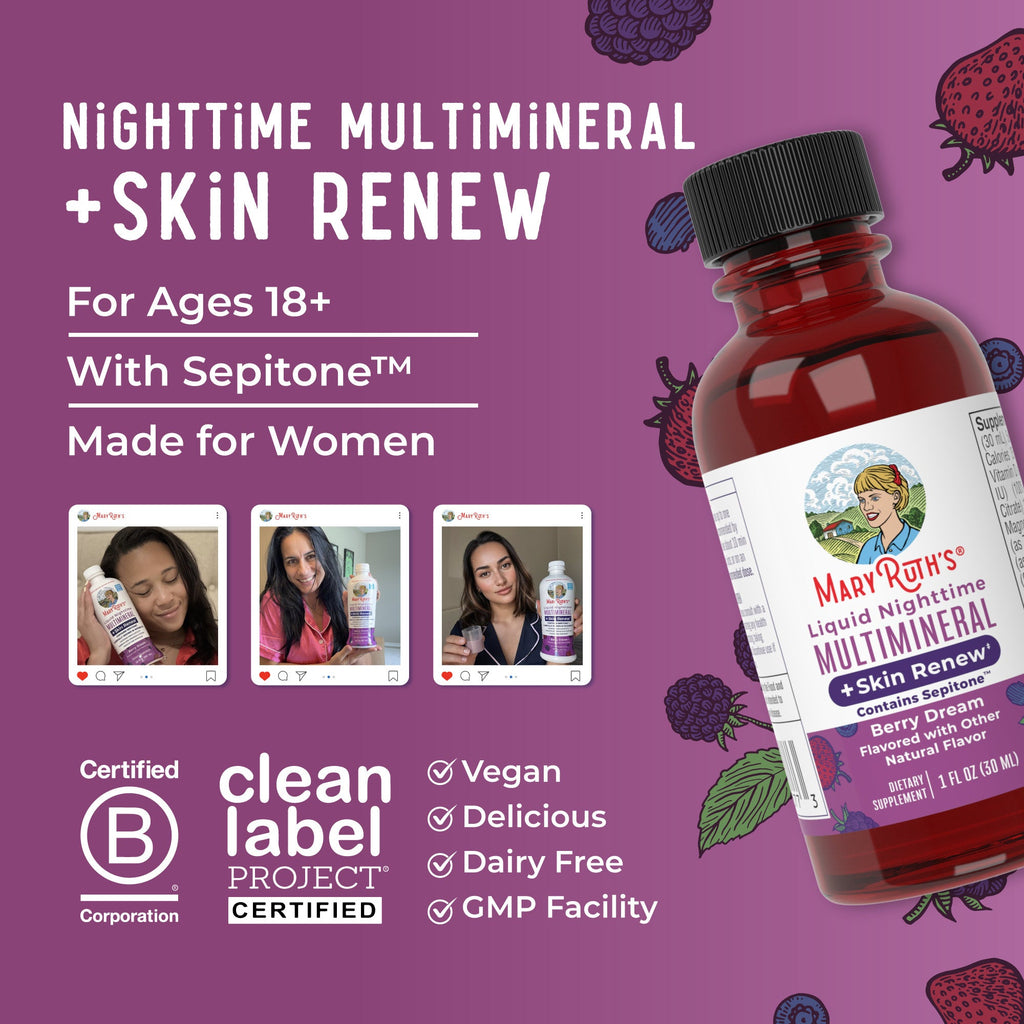Liquid Nighttime Multimineral + Skin Renew Travel Pack 1oz Berry Dream Benefits3
