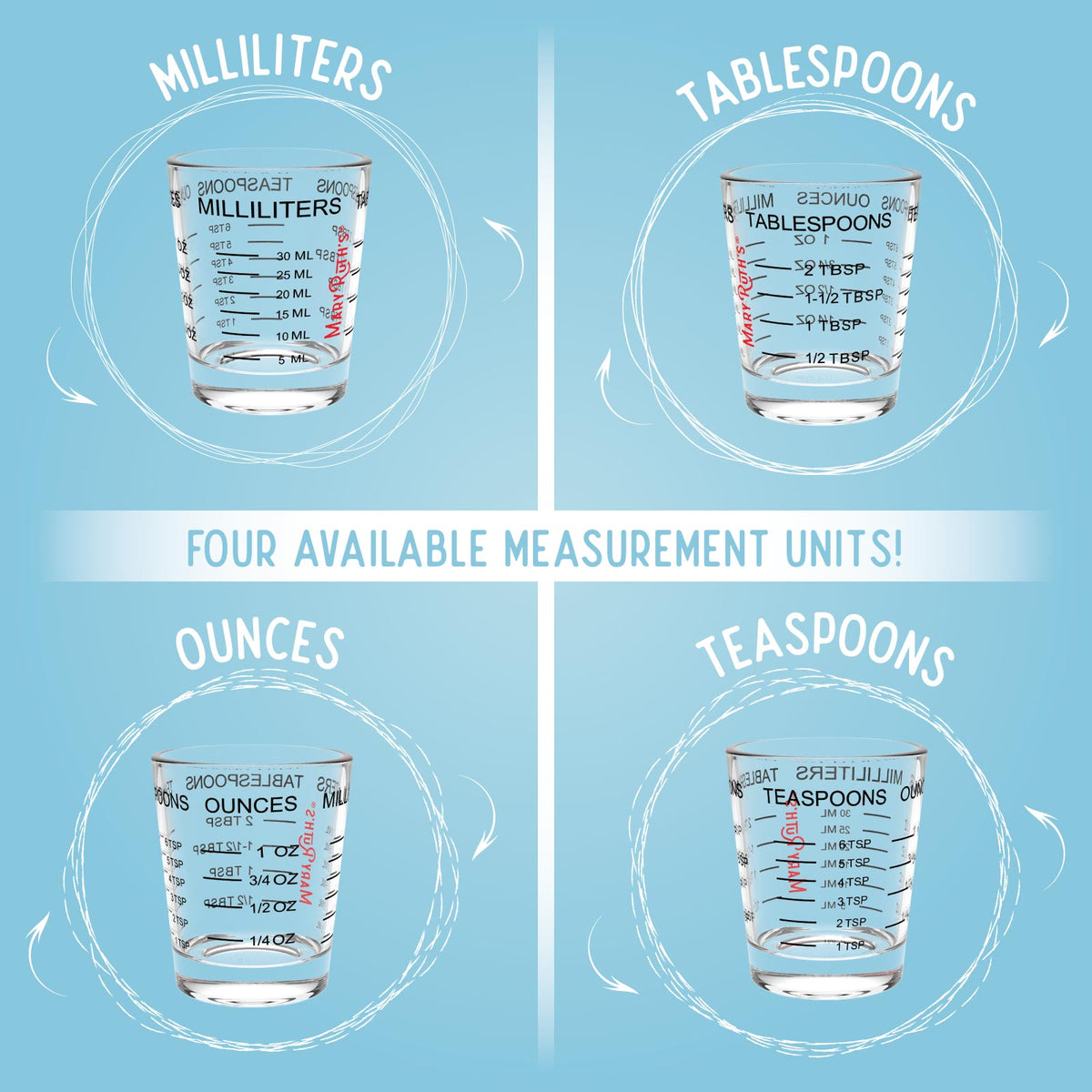 MaryRuth Measuring Cup Shot Glass  Four available measurement units