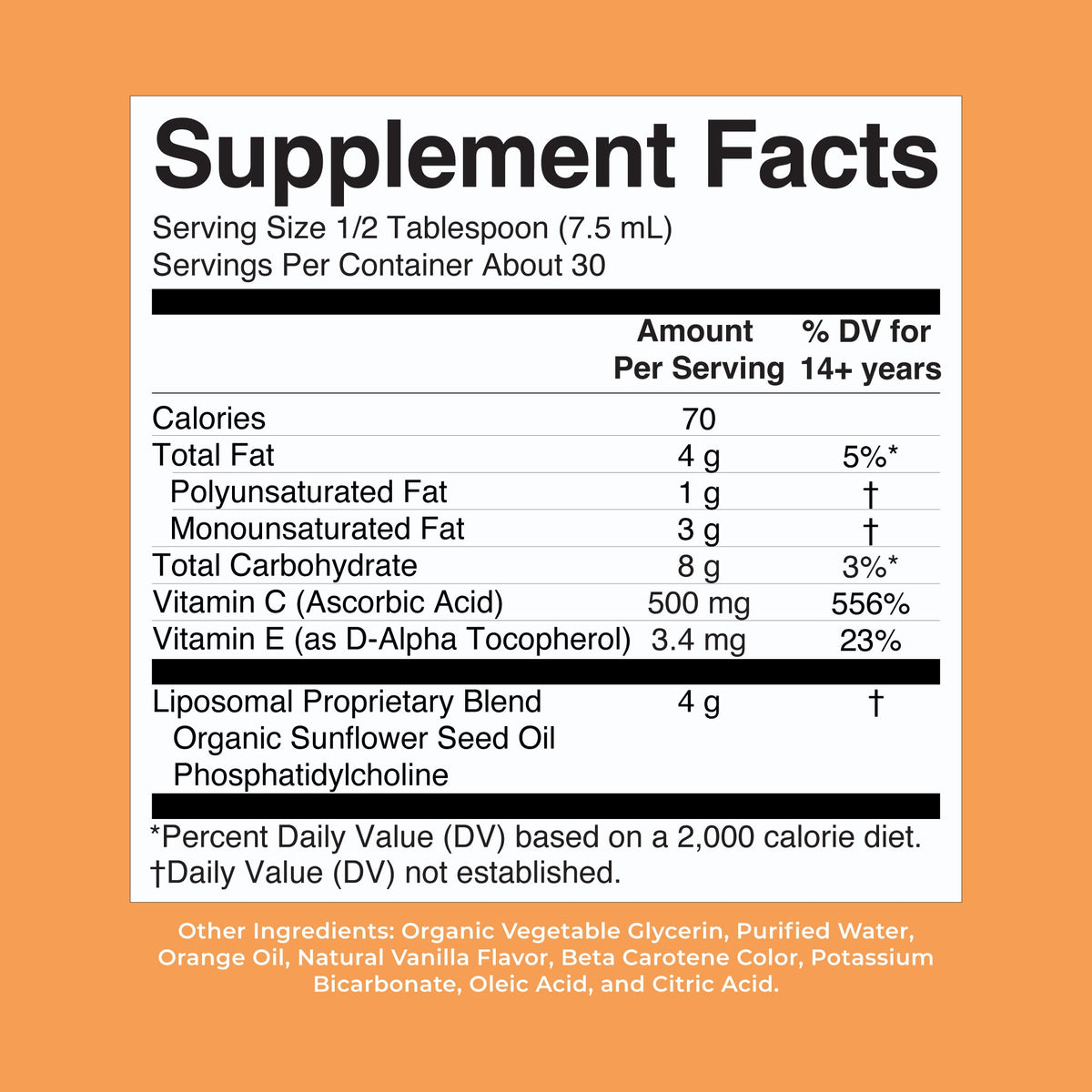 Megadose Vitamin C Liposomal 7oz Citrus Vanilla Supplement Facts