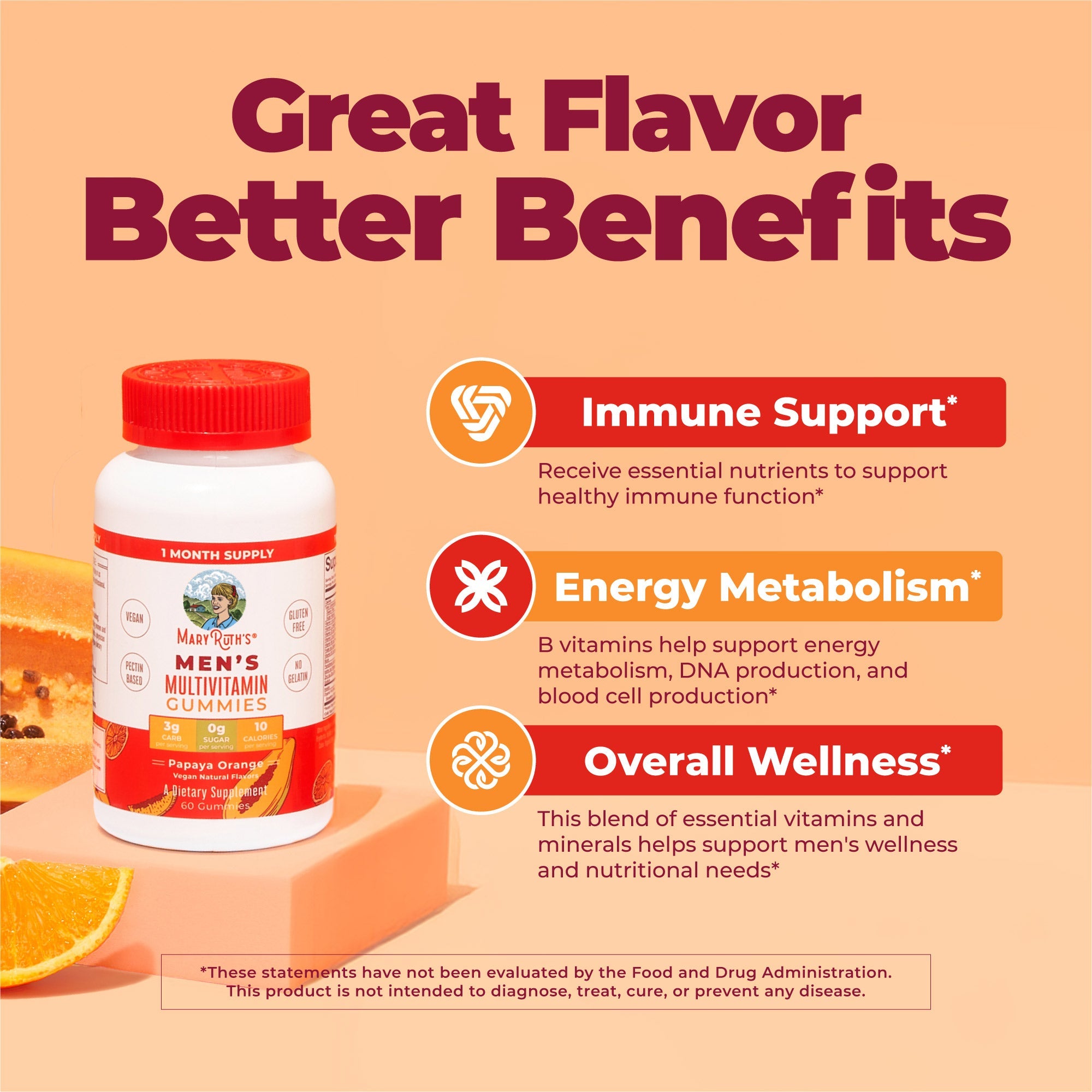 Men's Multivitamin Gummies Papaya Orange 60ct Great Flavor Better Benefits