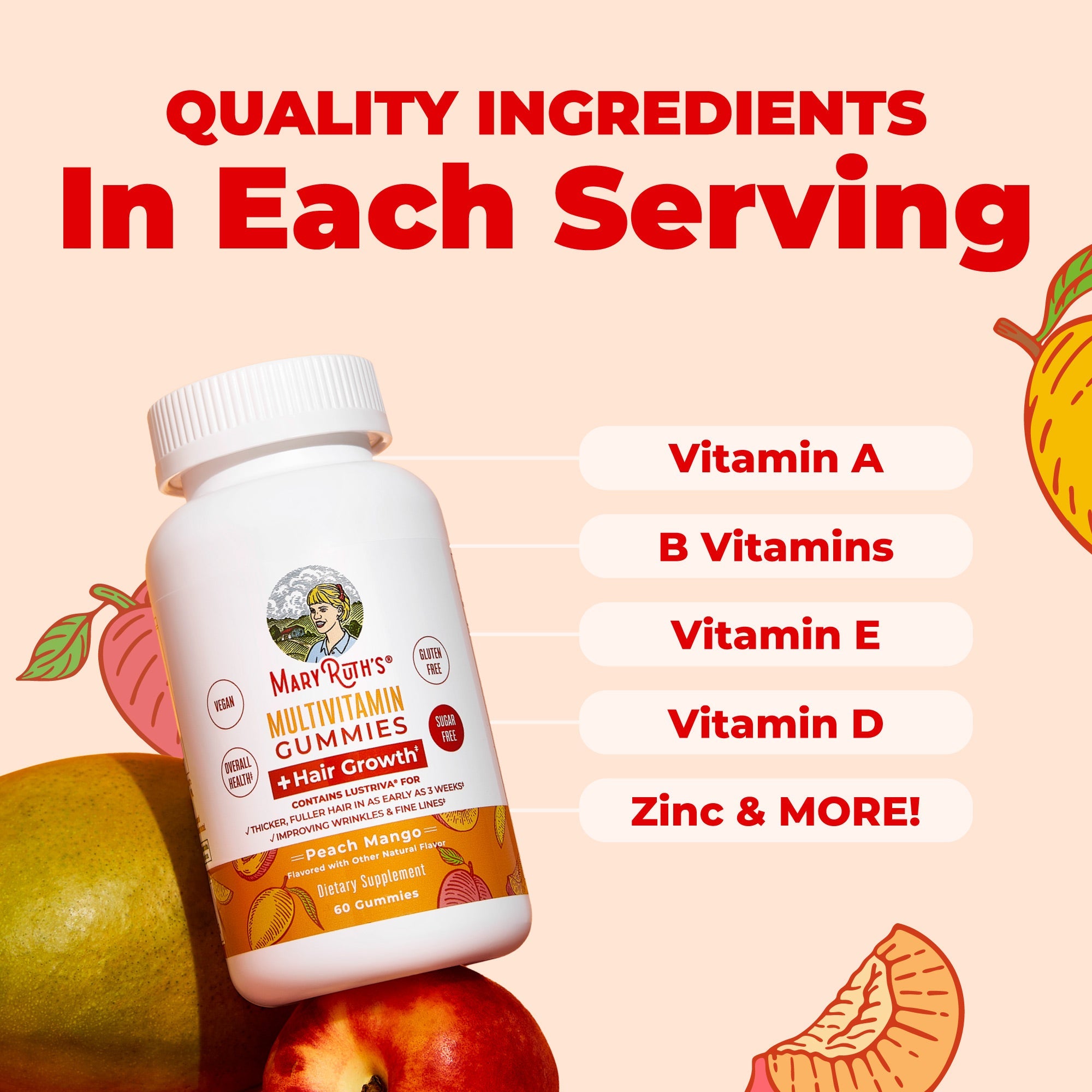 Multivitamin Hair Growth Gummies 60CT Peach Mango Ingredients