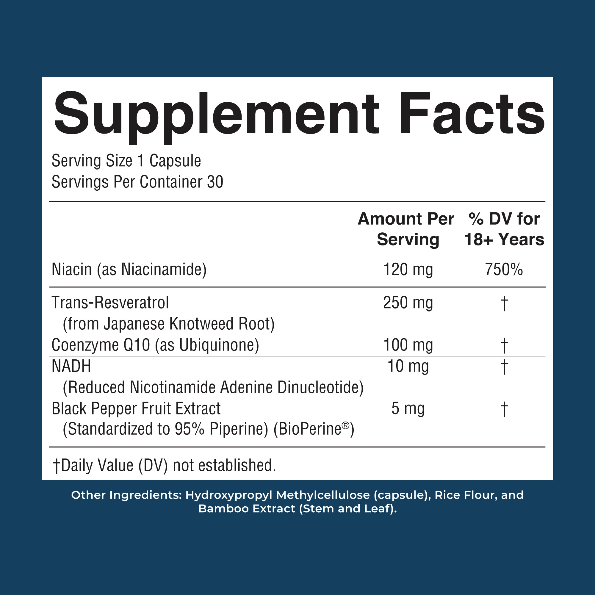 NADH Capsules 30 Count Supplement Facts