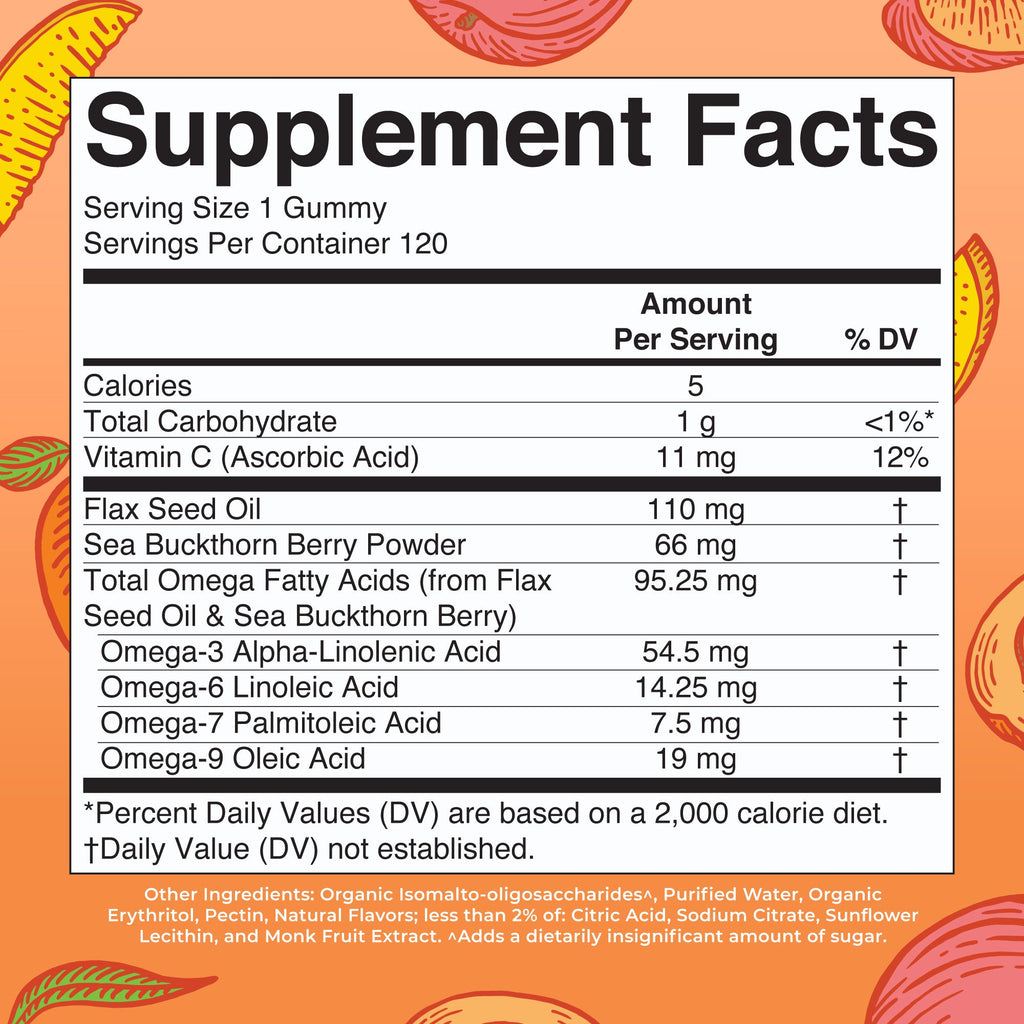 Omega 3-6-7-9 Gummies 120CT Peach Mango Apricot Supplement Facts