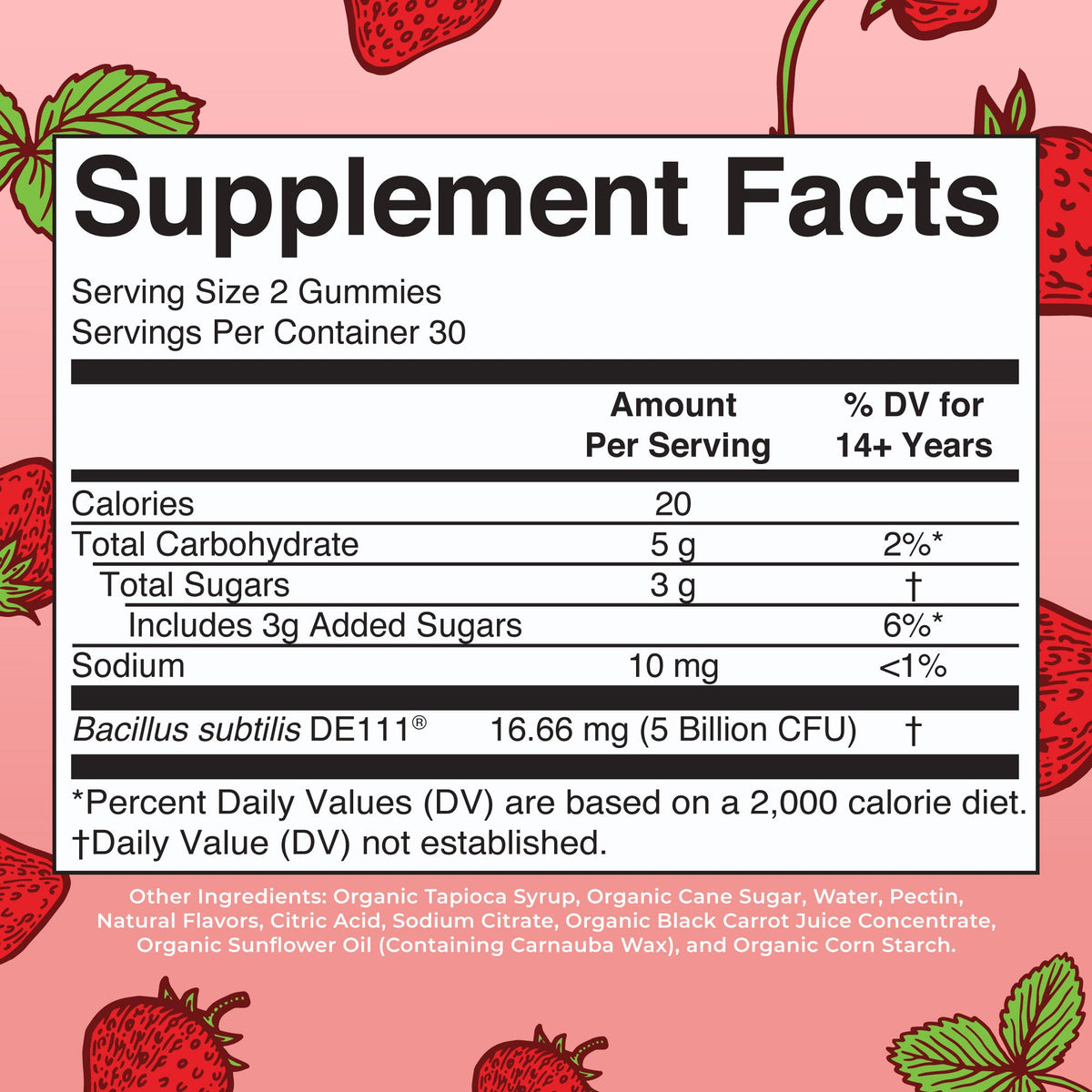 Organic Adult Probiotic Gummies 60CT Strawberry Supplement Facts