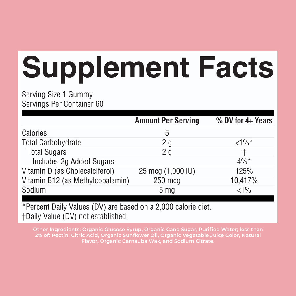 Organic D3 + B12 Gummies 60CT Strawberry Supplement Facts