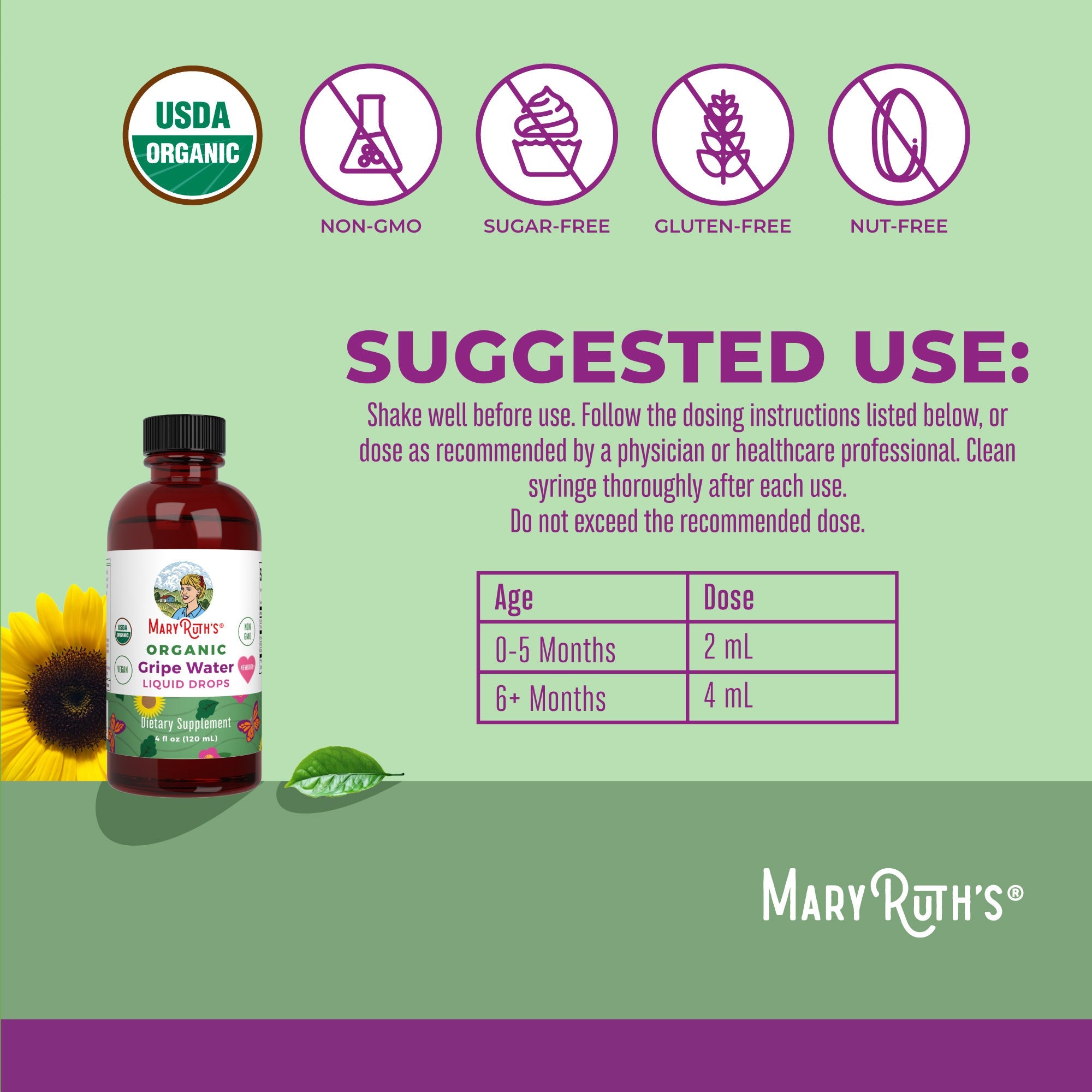Organic Gripe Water Liquid Drops 4oz Suggested Use