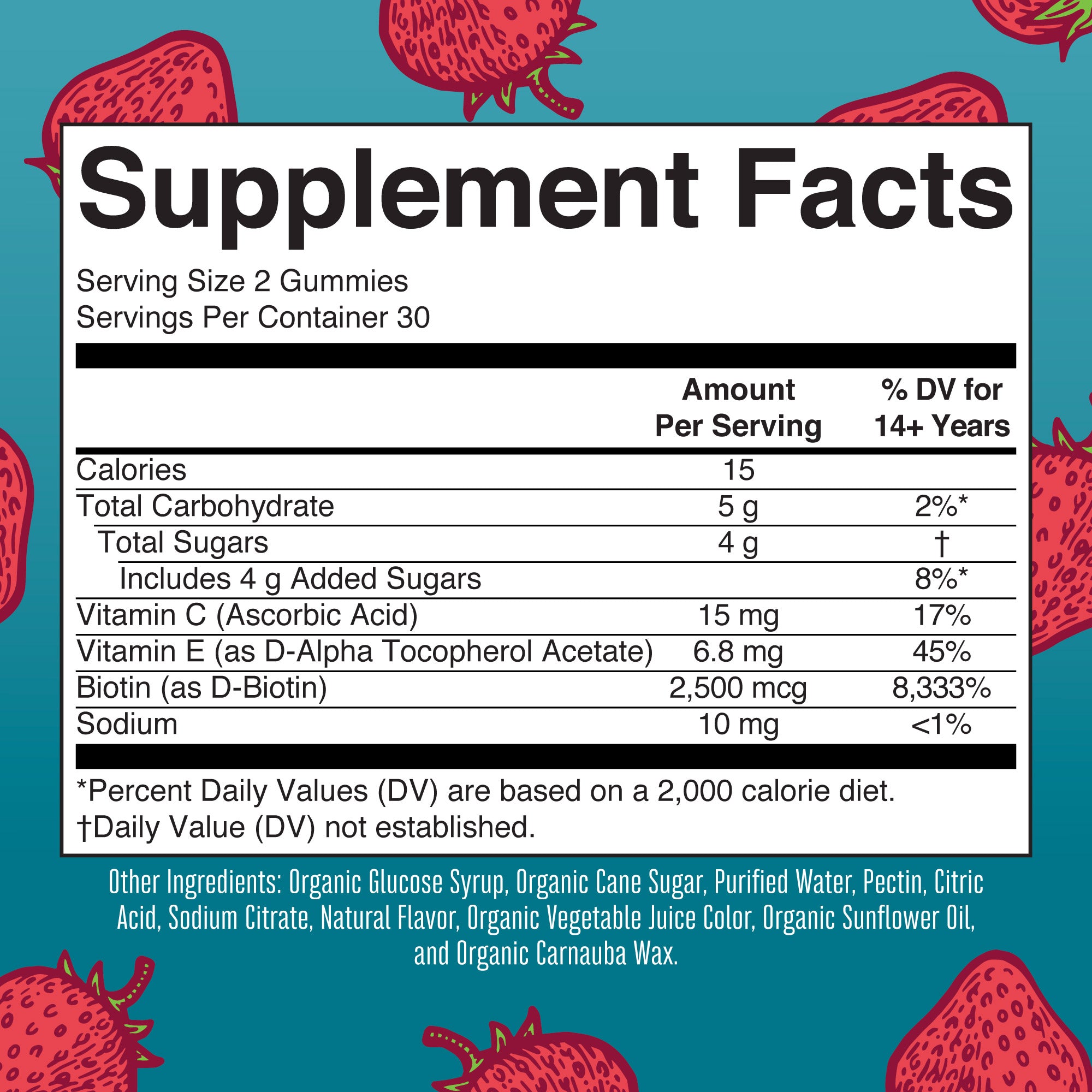 Organic Hair Skin Nails Gummies 60CT Strawberry Supplement Facts