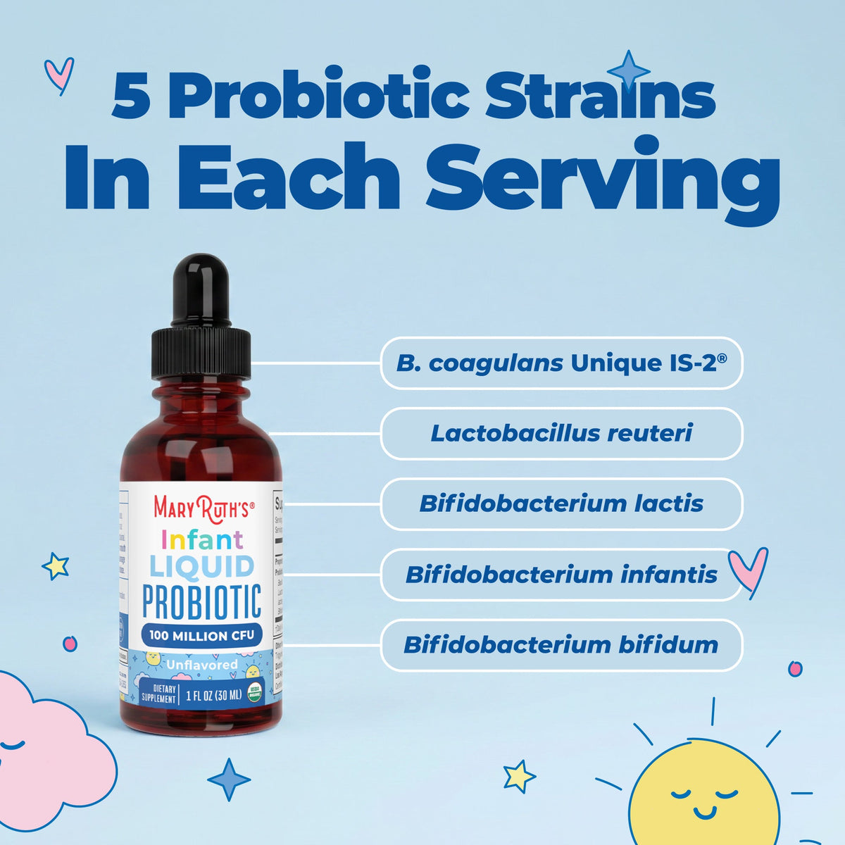 Organic Infant Liquid Probiotic 1oz Unflavored 5 Probiotic Strains Benefits 