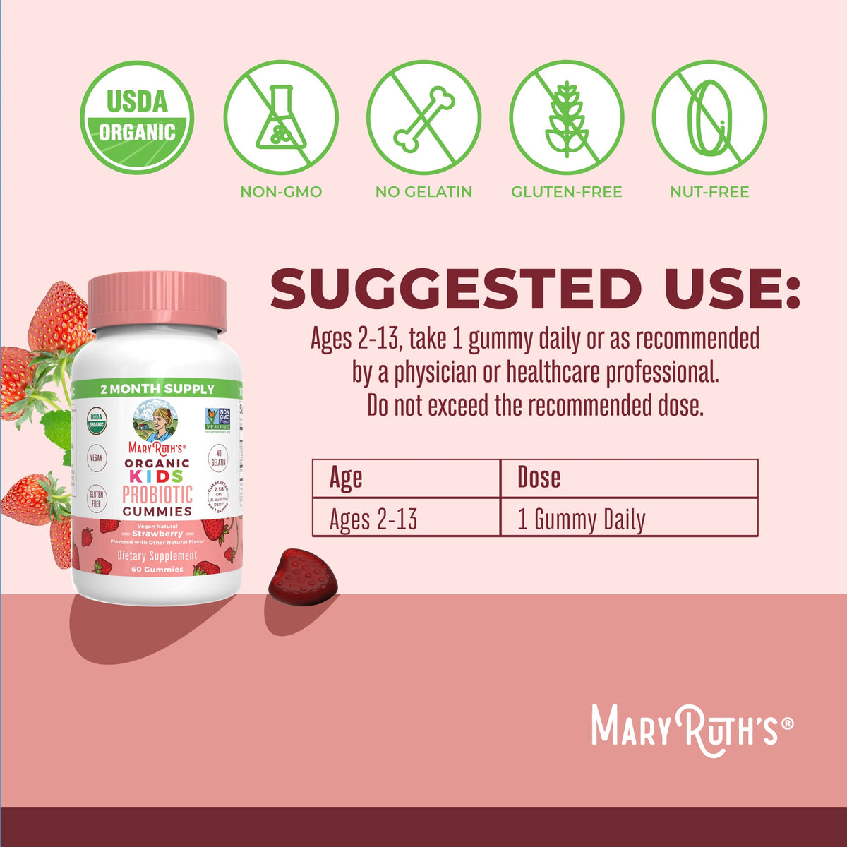 Organic Kids Probiotic Gummies Strawberry 60CT Suggested Use