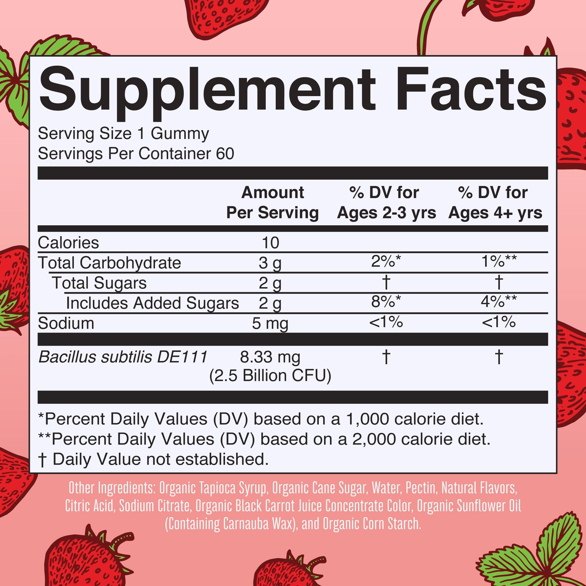 Organic Kids Probiotic Gummies Strawberry 60CT Supplement Facts