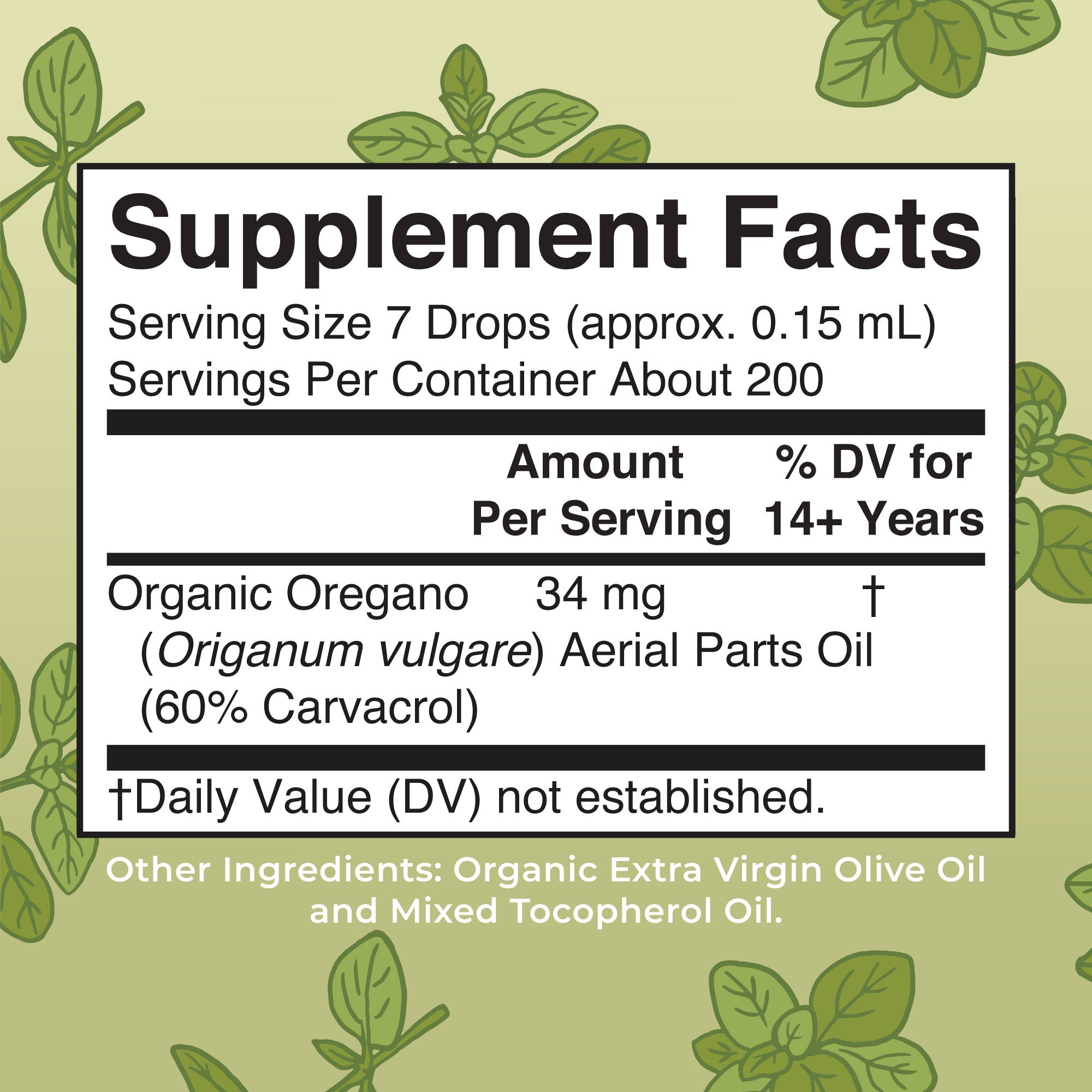 Organic Oil of Oregano Liquid Drops 1oz Supplement Facts