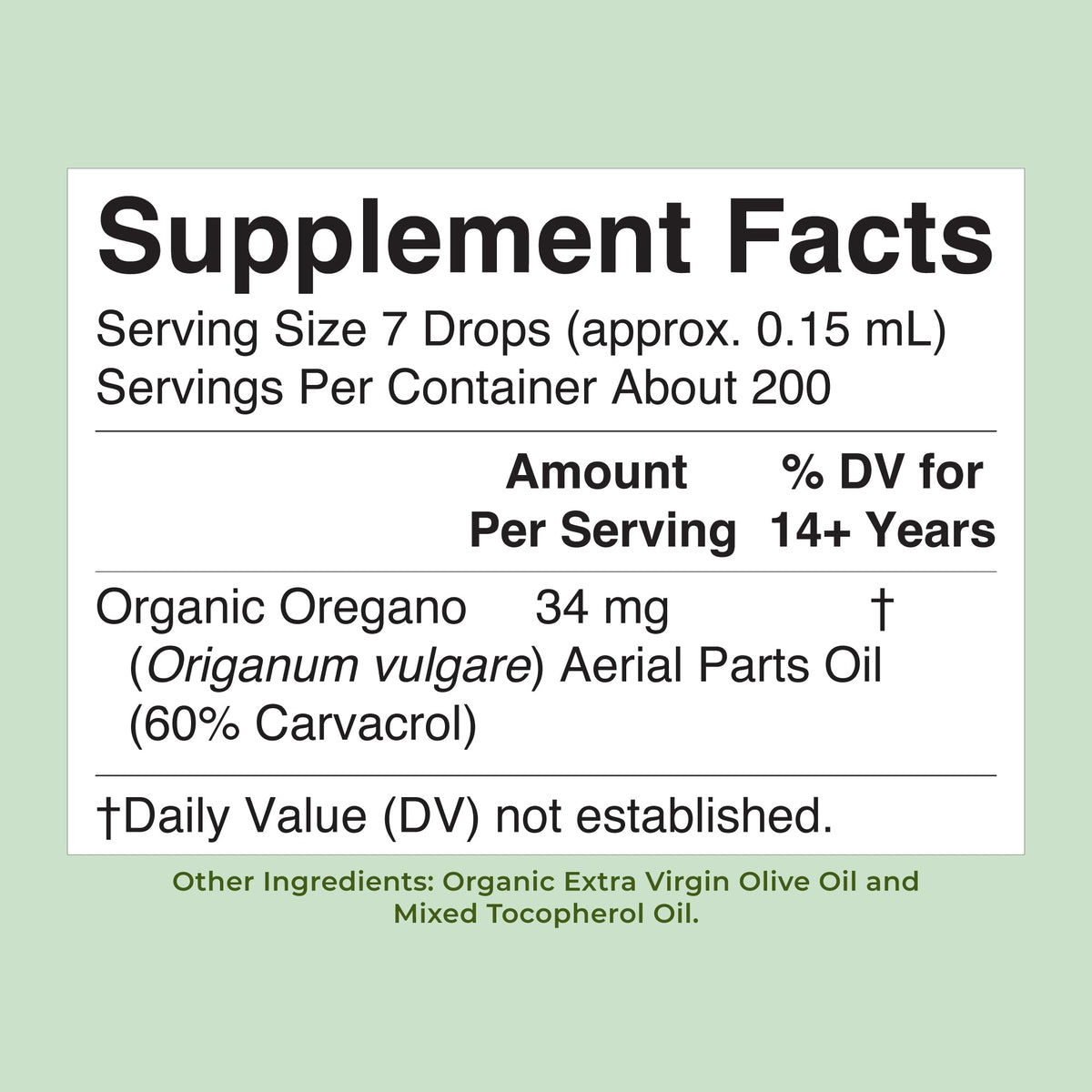 Organic Oil of Oregano Liquid Drops 1oz Unflavored Supplement Facts