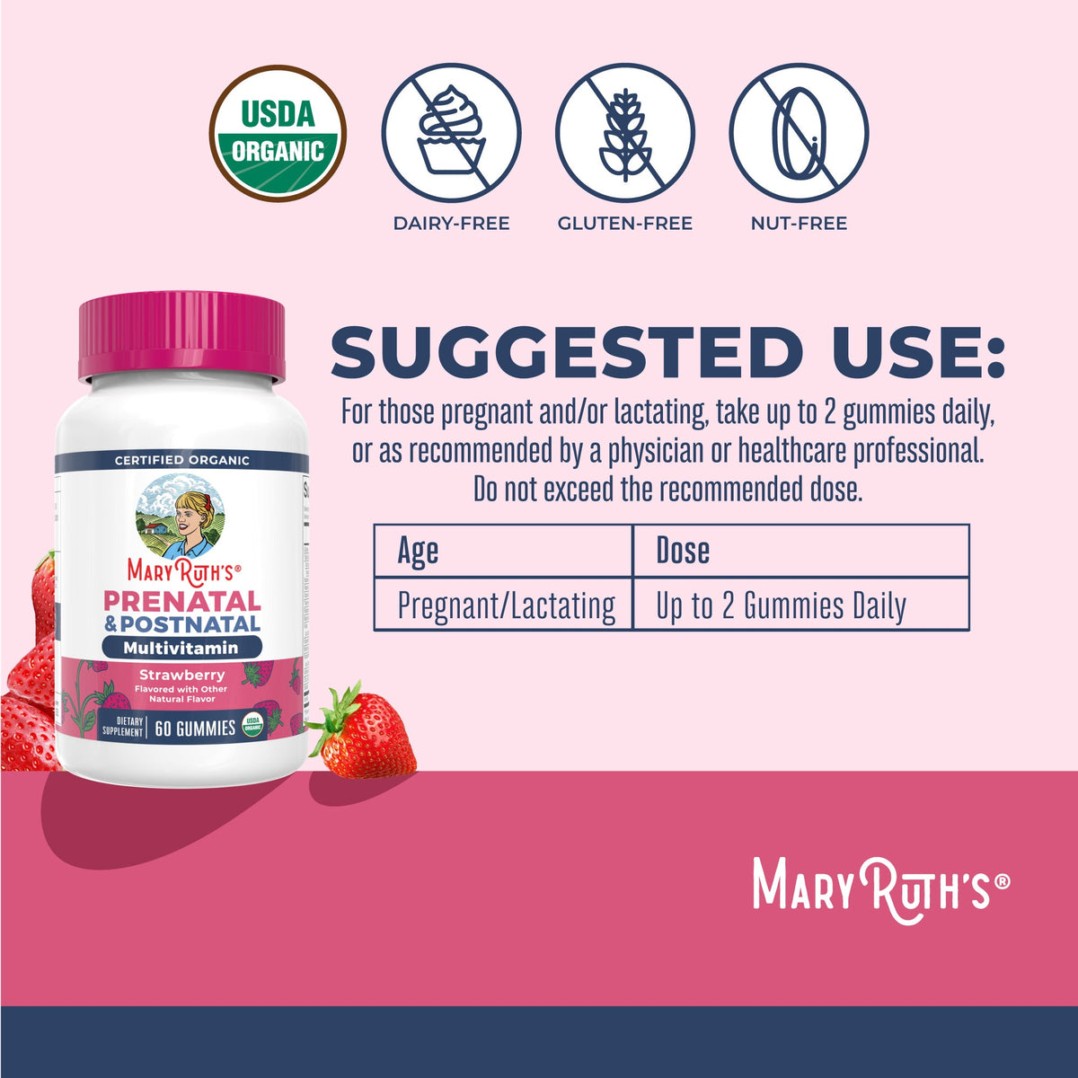 Organic Prenatal & Postnatal Multivitamin Gummies 60CT Strawberry Suggested Use
