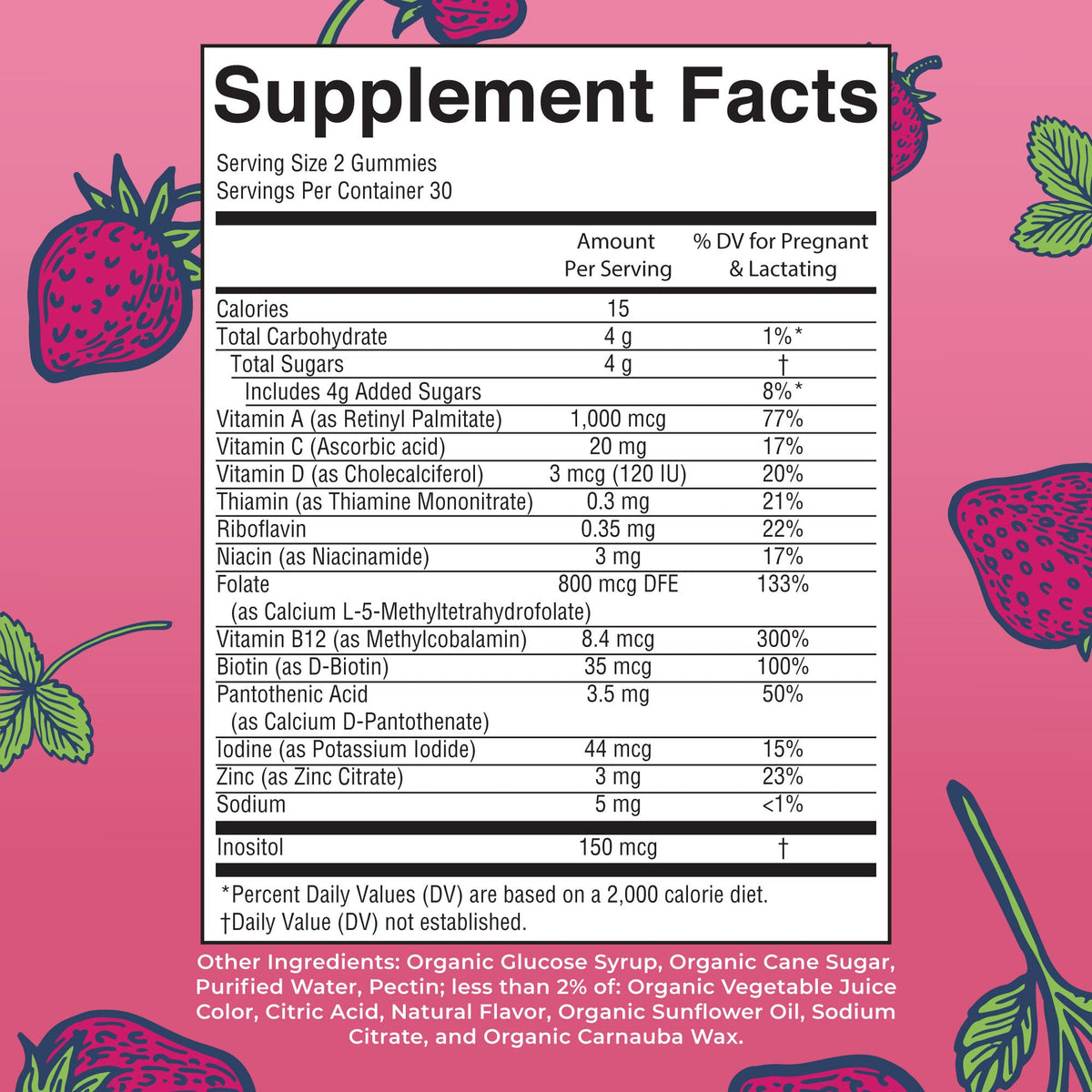 Organic Prenatal & Postnatal Multivitamin Gummies 60CT Strawberry Supplement Facts