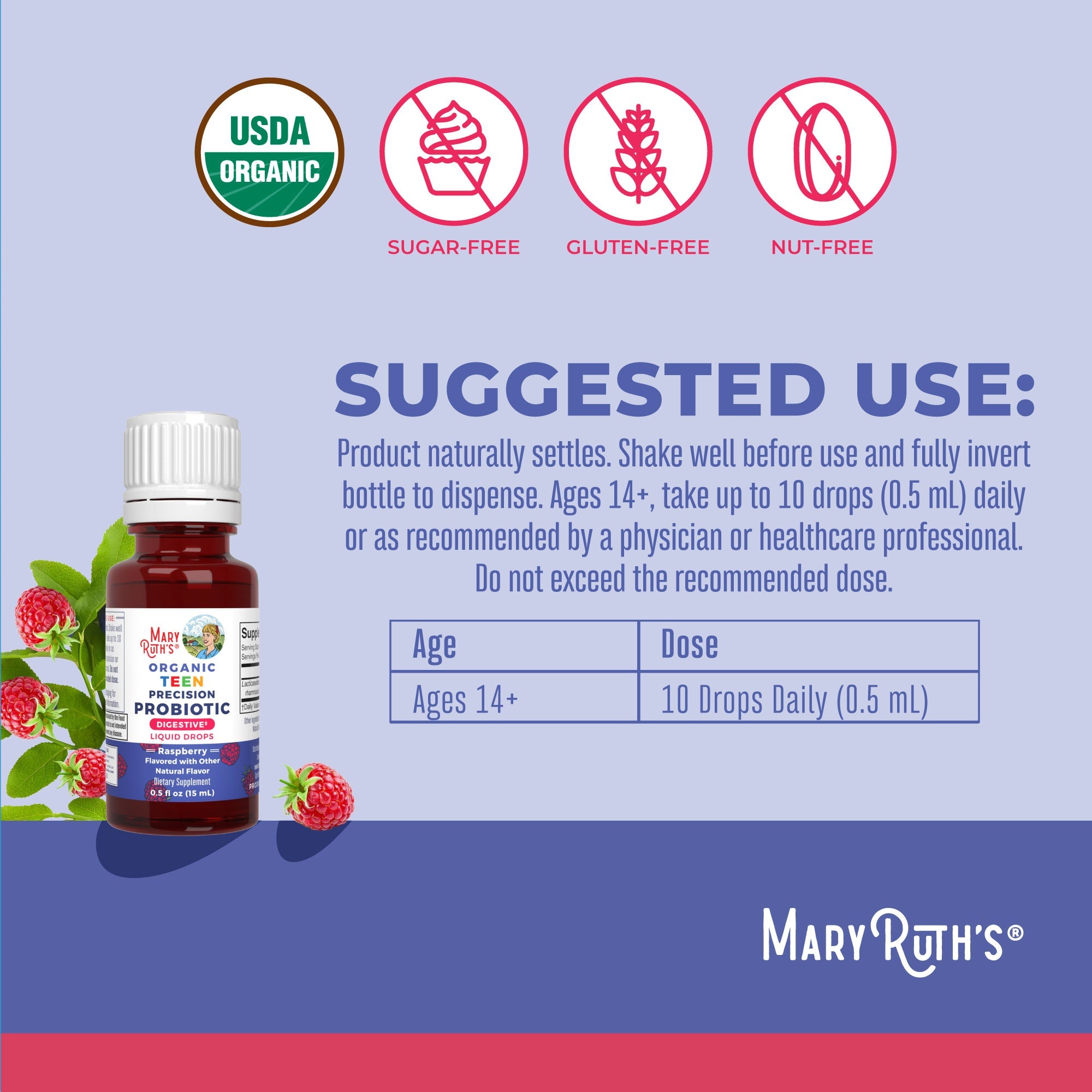 Organic Teen Precision Probiotic Digestive Liquid Drops 0.5oz Raspberry Suggested Use