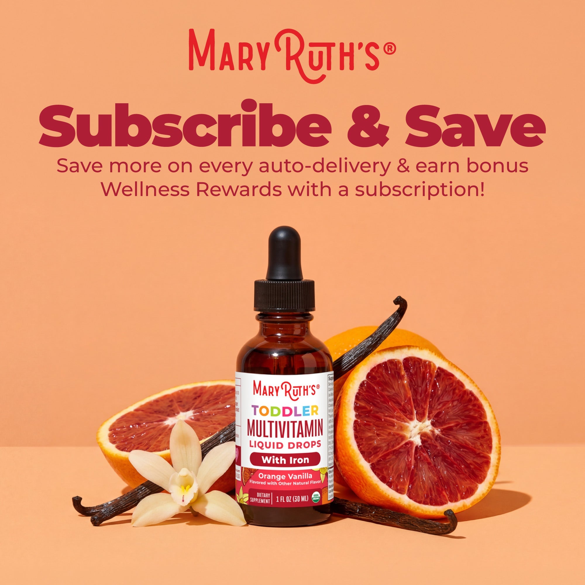 Organic Toddler Multivitamin Liquid Drops With Iron 1oz Orange Vanilla Subscrive & Save