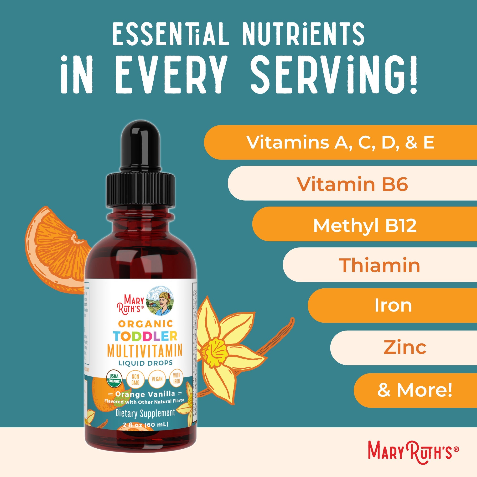 Organic Toddler Multivitamin Liquid Drops With Iron 2oz Orange Vanilla Ingredients