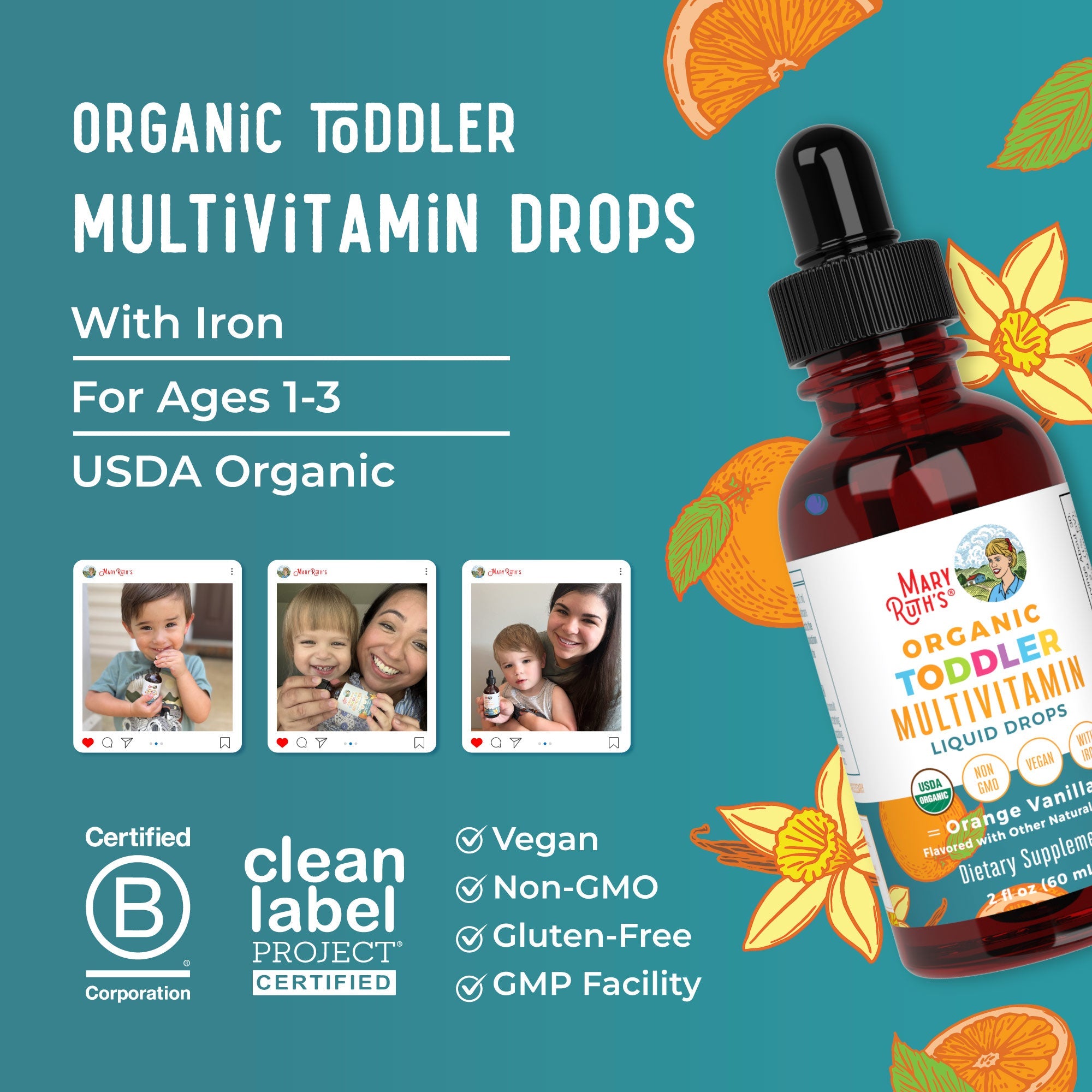 Organic Toddler Multivitamin Liquid Drops With Iron 2oz Orange Vanilla Lifestyle Bottle