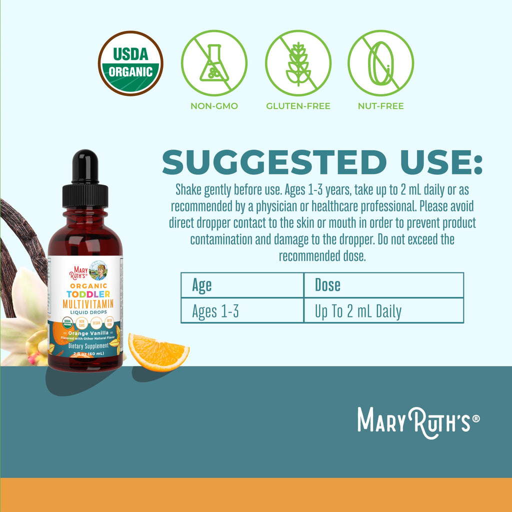 Organic Toddler Multivitamin Liquid Drops With Iron 2oz Orange Vanilla Suggested Use