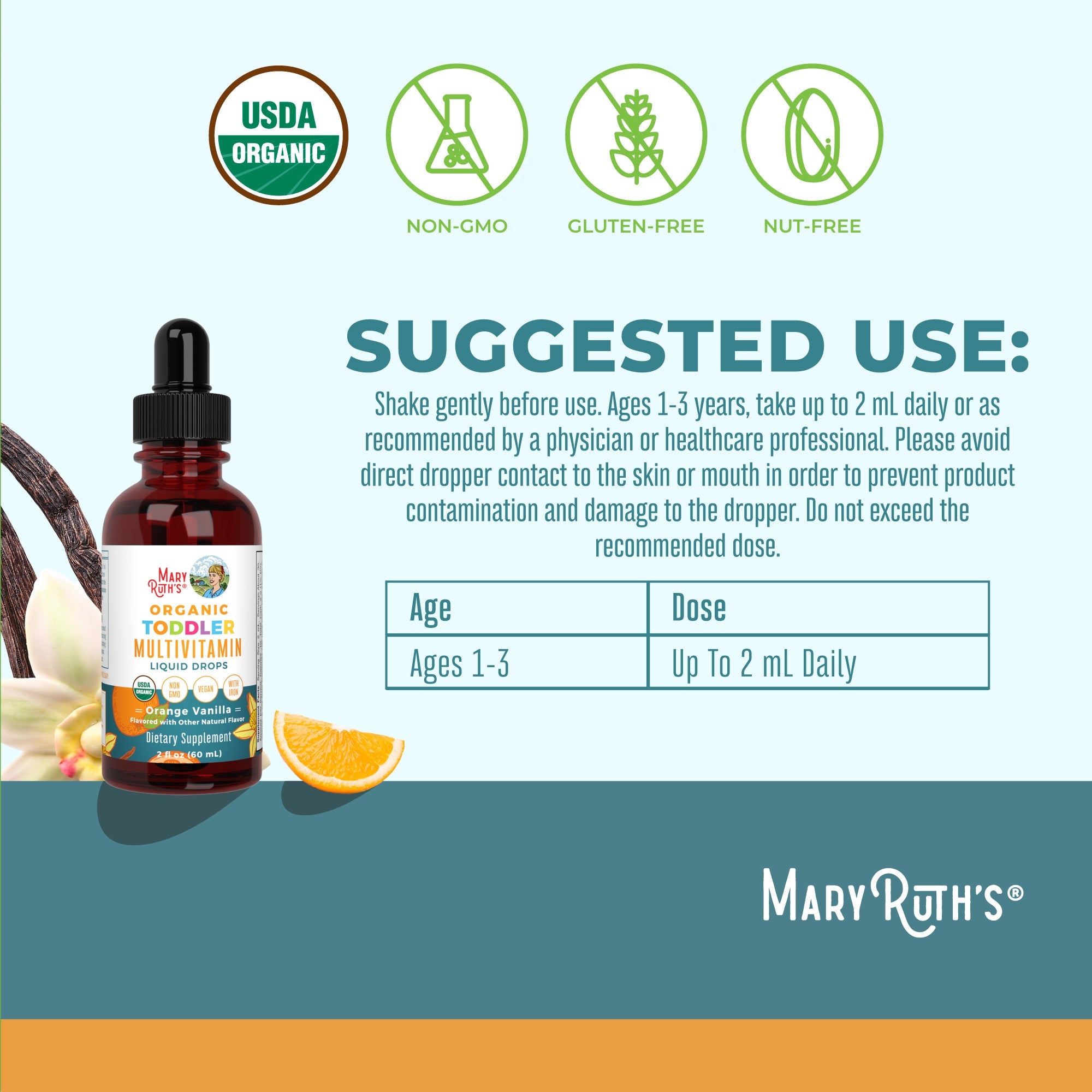 Organic Toddler Multivitamin Liquid Drops With Iron 2oz Orange Vanilla Suggested Use
