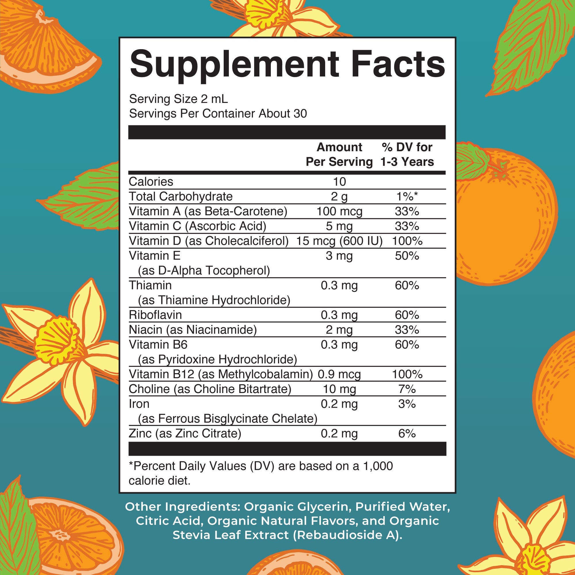 Organic Toddler Multivitamin Liquid Drops With Iron 2oz Orange Vanilla Supplement Facts
