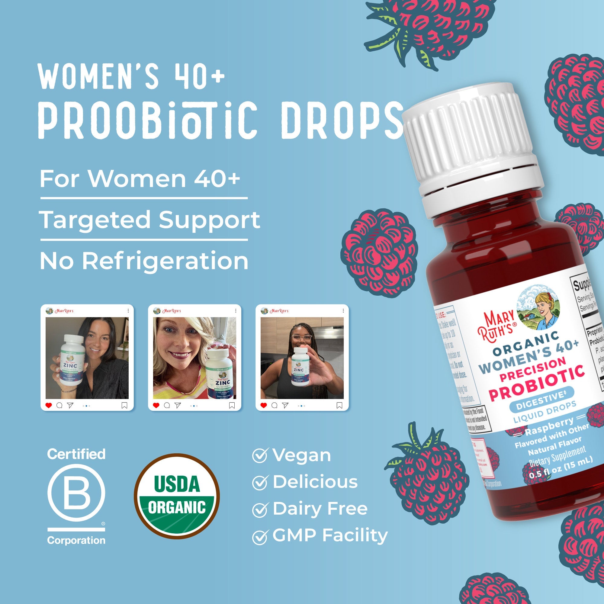 Organic Women's 40+ Precision Probiotic Digestive Liquid Drops 0.5oz Raspberry Great Flavor Better Benefits
