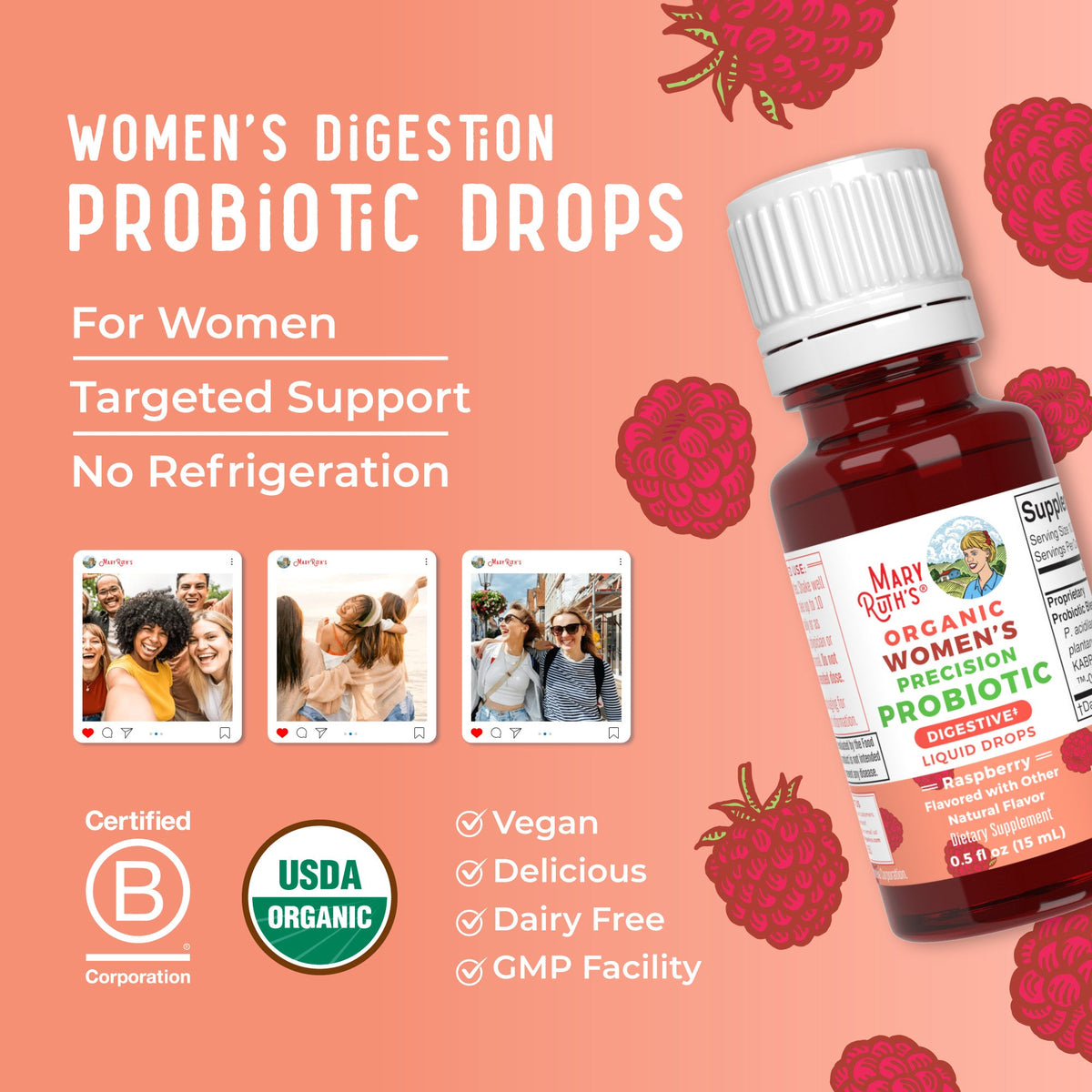 Organic Women's Precision Probiotic Digestive Liquid Drops 0.5oz Raspberry Great Flavor Better Benefits