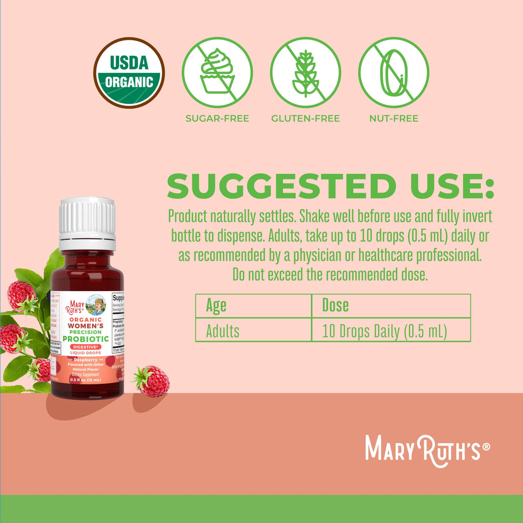 Organic Women's Precision Probiotic Digestive Liquid Drops 0.5oz Raspberry Suggested Use