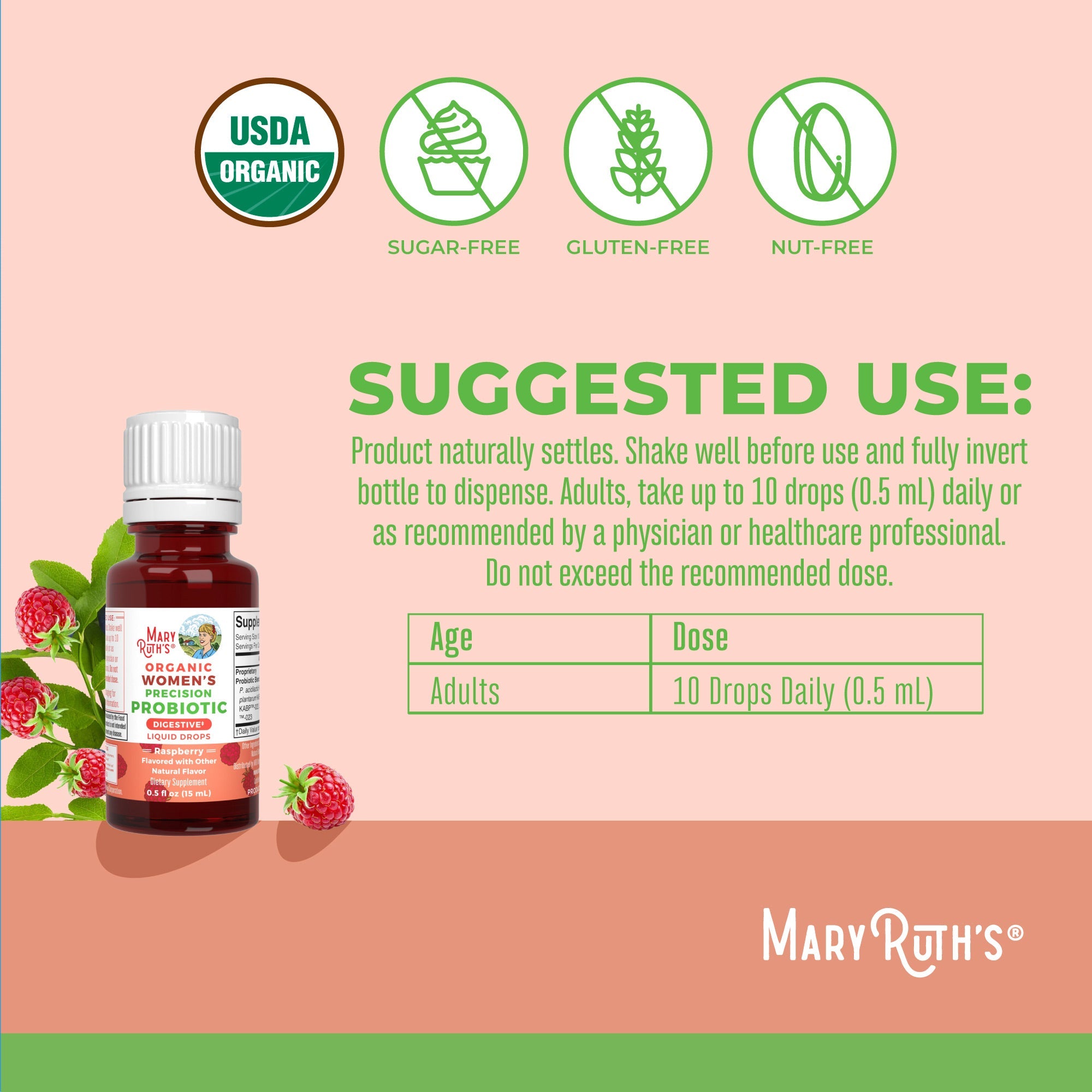 Organic Women's Precision Probiotic Digestive Liquid Drops 0.5oz Raspberry Suggested Use