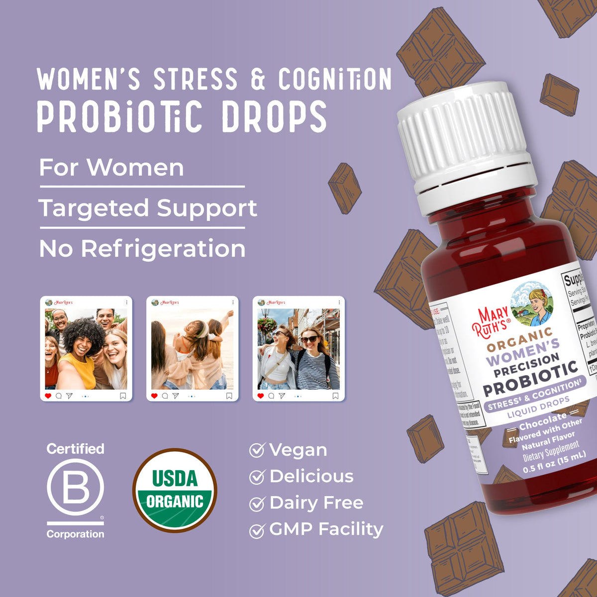 Organic Women's Precision Probiotic Stress & Cognition Liquid Drops 0.5oz Chocolate Great Flavor Better Benefits