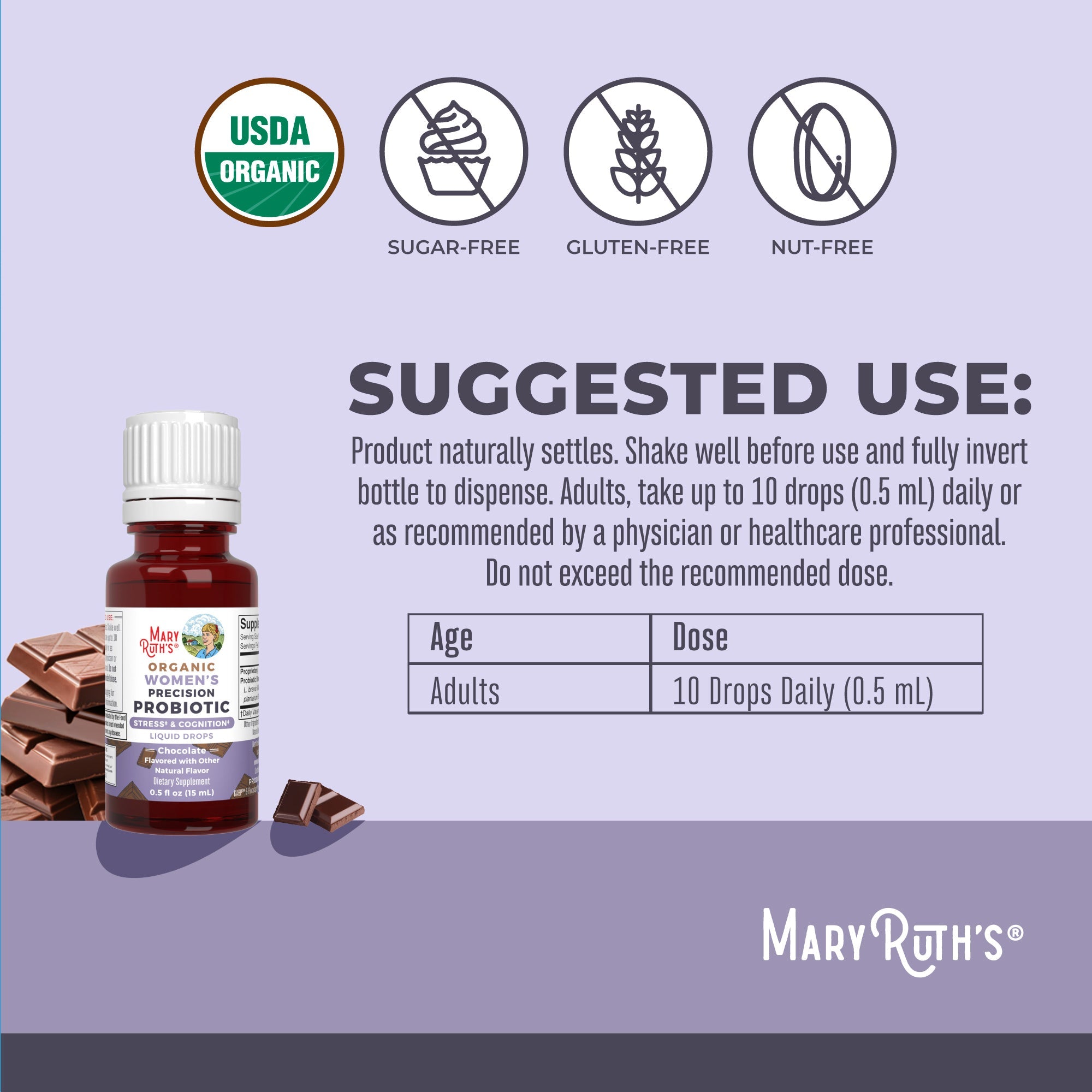 Organic Women's Precision Probiotic Stress & Cognition Liquid Drops 0.5oz Chocolate Suggested Use