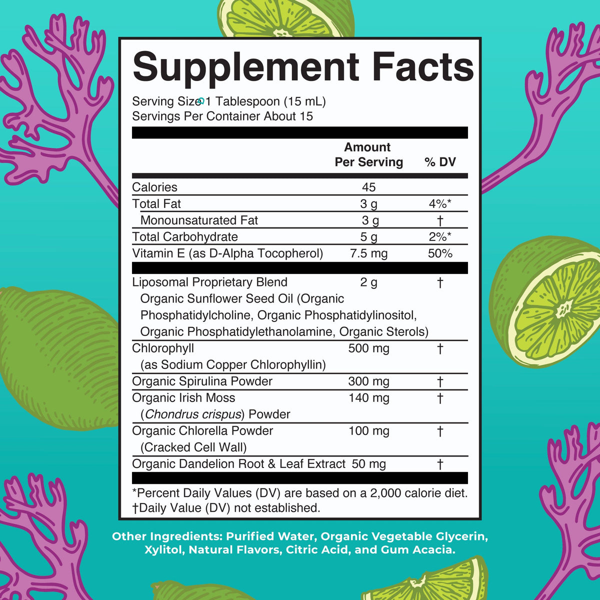 Sea Moss with Spirulina and Chlorella Liposomal 7oz Limeade Supplement Facts