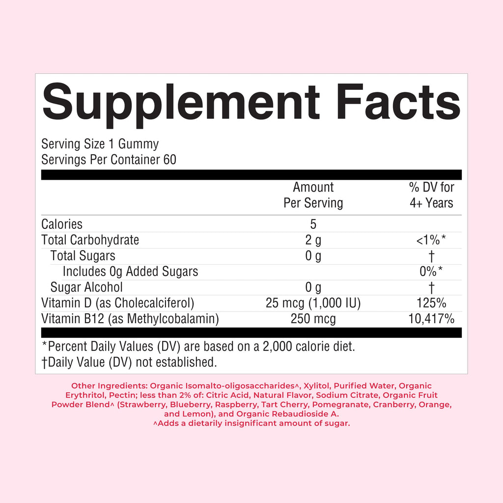 Sugar-Free D3 + B12 Gummies 60CT Raspberry Supplement Facts