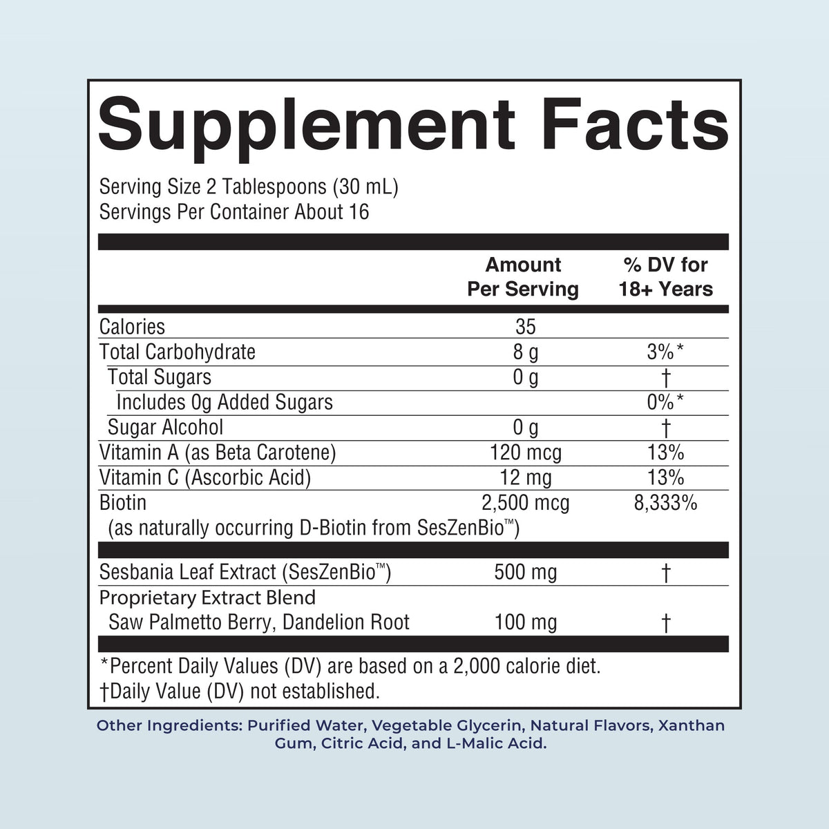 Daily Liquid Hair Formula 16oz Berry Pomegranate Supplement Facts