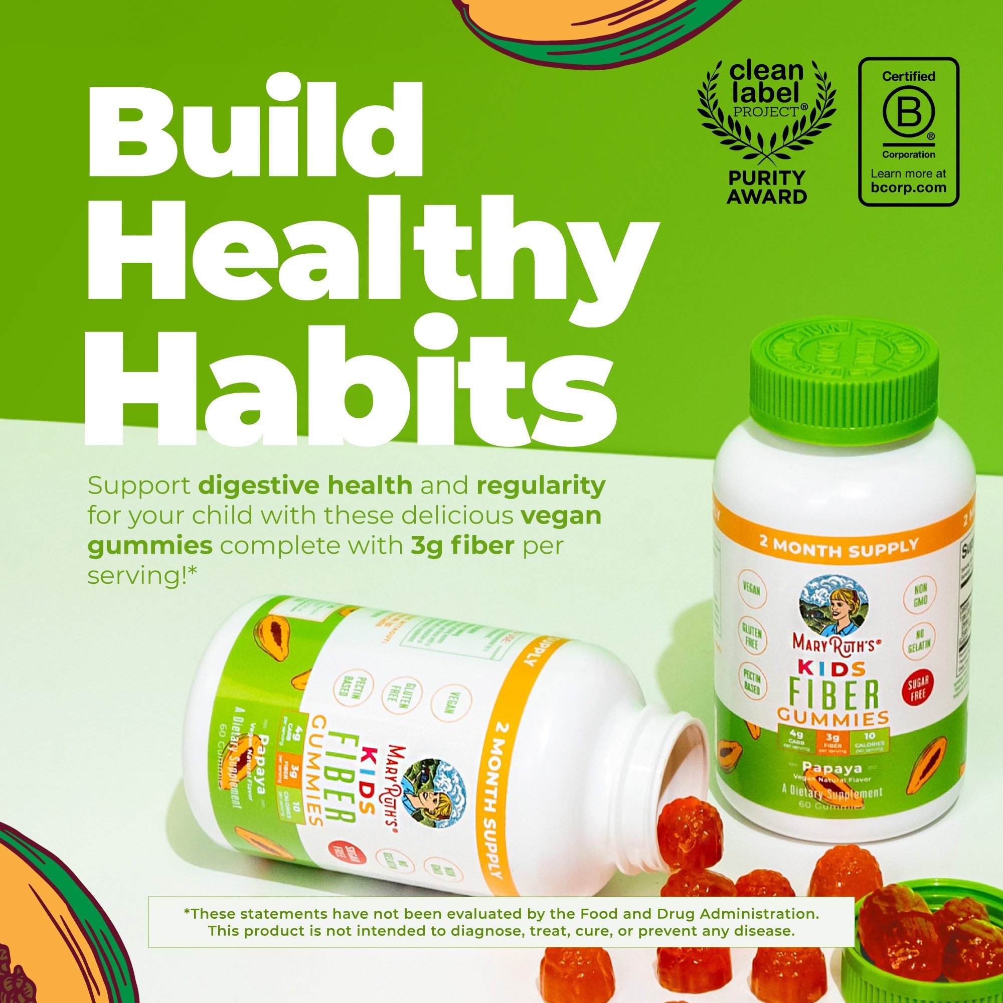 Kids Fiber Gummies Papaya 60ct Build Healthy Habits