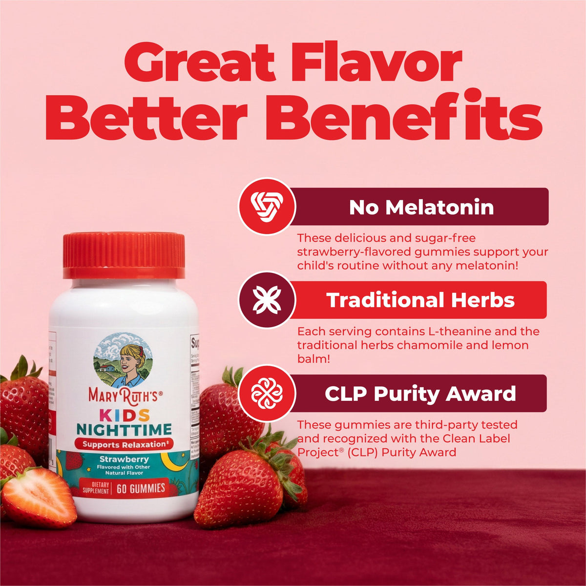 Kids Nighttime Gummies Strawberry 60CT Great Flavor Better Benefits