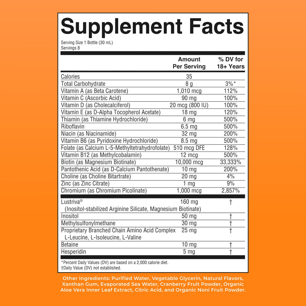 Liquid Morning Multivitamin + Hair Growth Travel Pack Peach Mango 1oz Supplement Facts