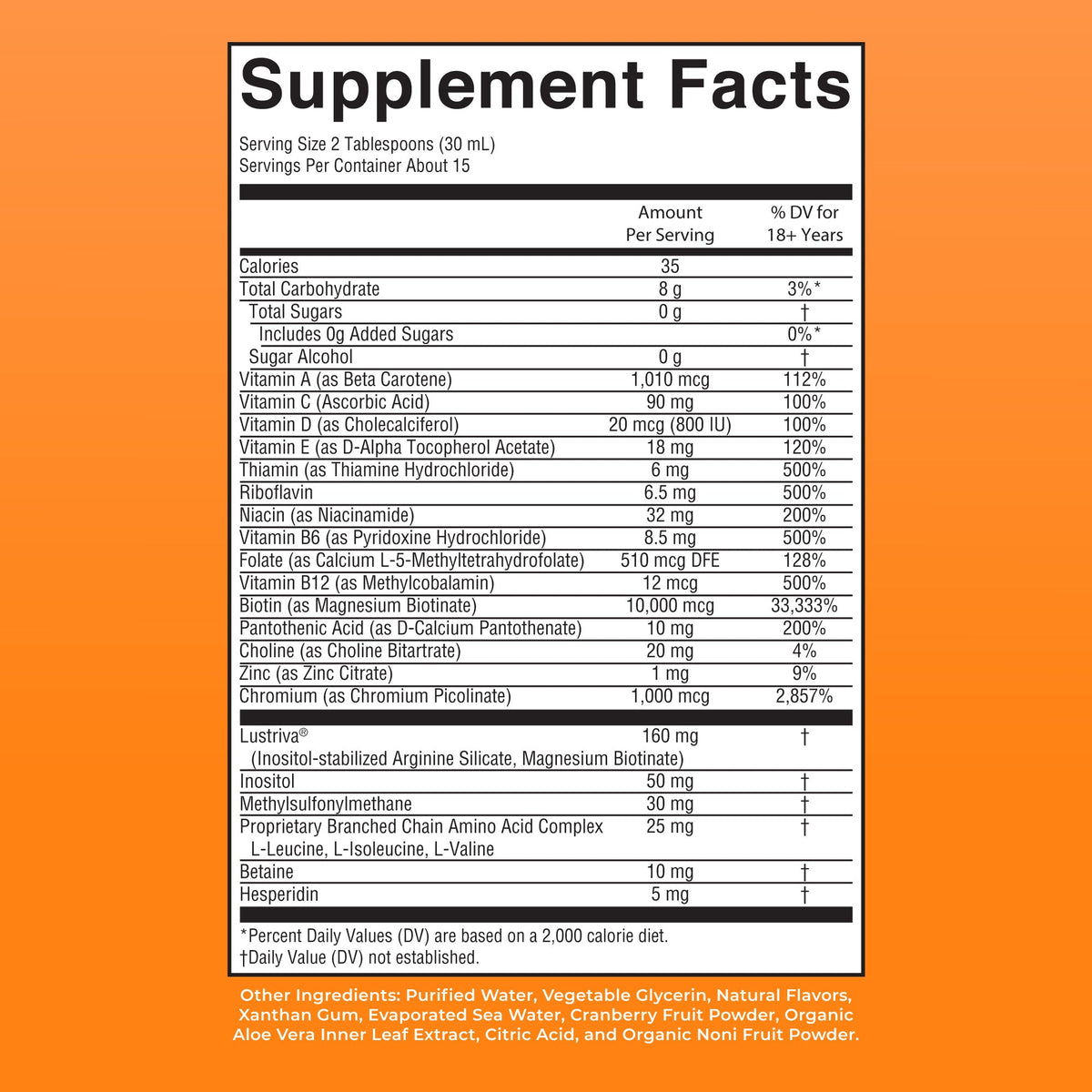 Liquid Morning Multivitamin + Hair Growth 15oz Peach Mango Supplement Facts